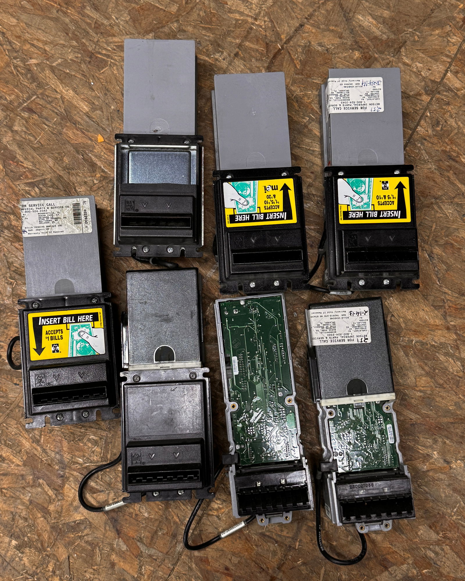MEI Dollar Bill Acceptors, Lot 2: Total of 7. untested. **In-house shipping available. Please reach out to auction house prior to pickup day if you are needing this item shipped.