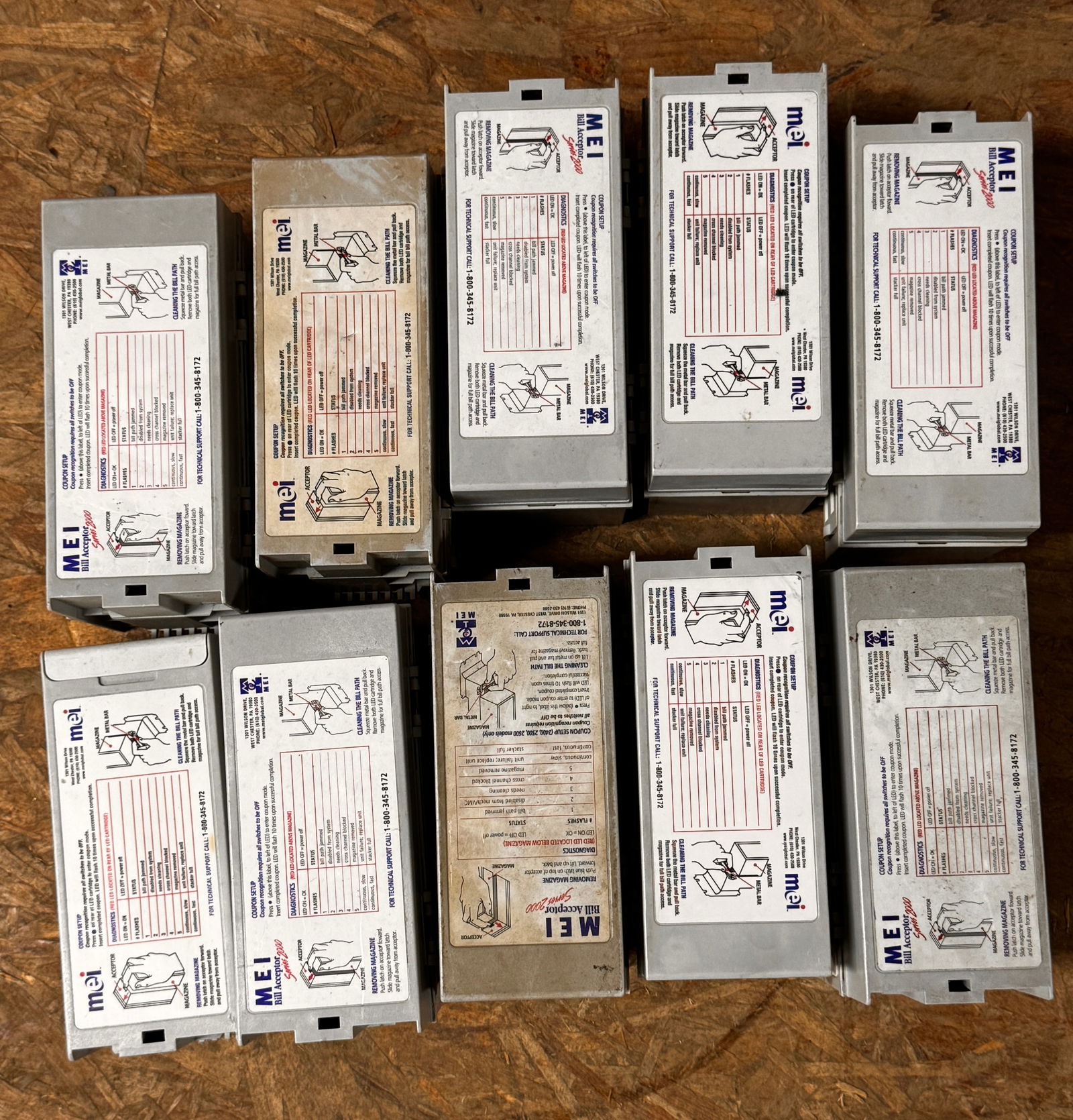 MEI Dollar Bill Acceptor Bill Stackers, Lot 2: Total of 10. ***This is a remote auction in Sewell, New Jersey. Pickup or third-party shipping is required on this item. A list of suggested shippers can be found in the terms of this auction and on