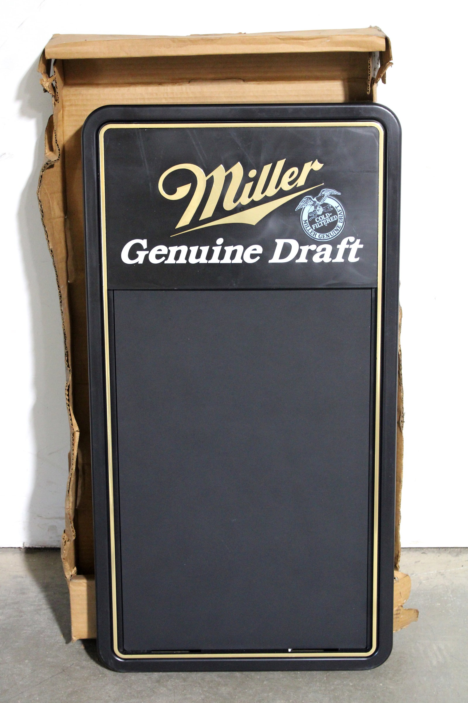NOS Miller Beer Chalkboard Sign: This item requires third-party shipping or pickup arrangements to be made. Dimensions: 35 x 18 x 3