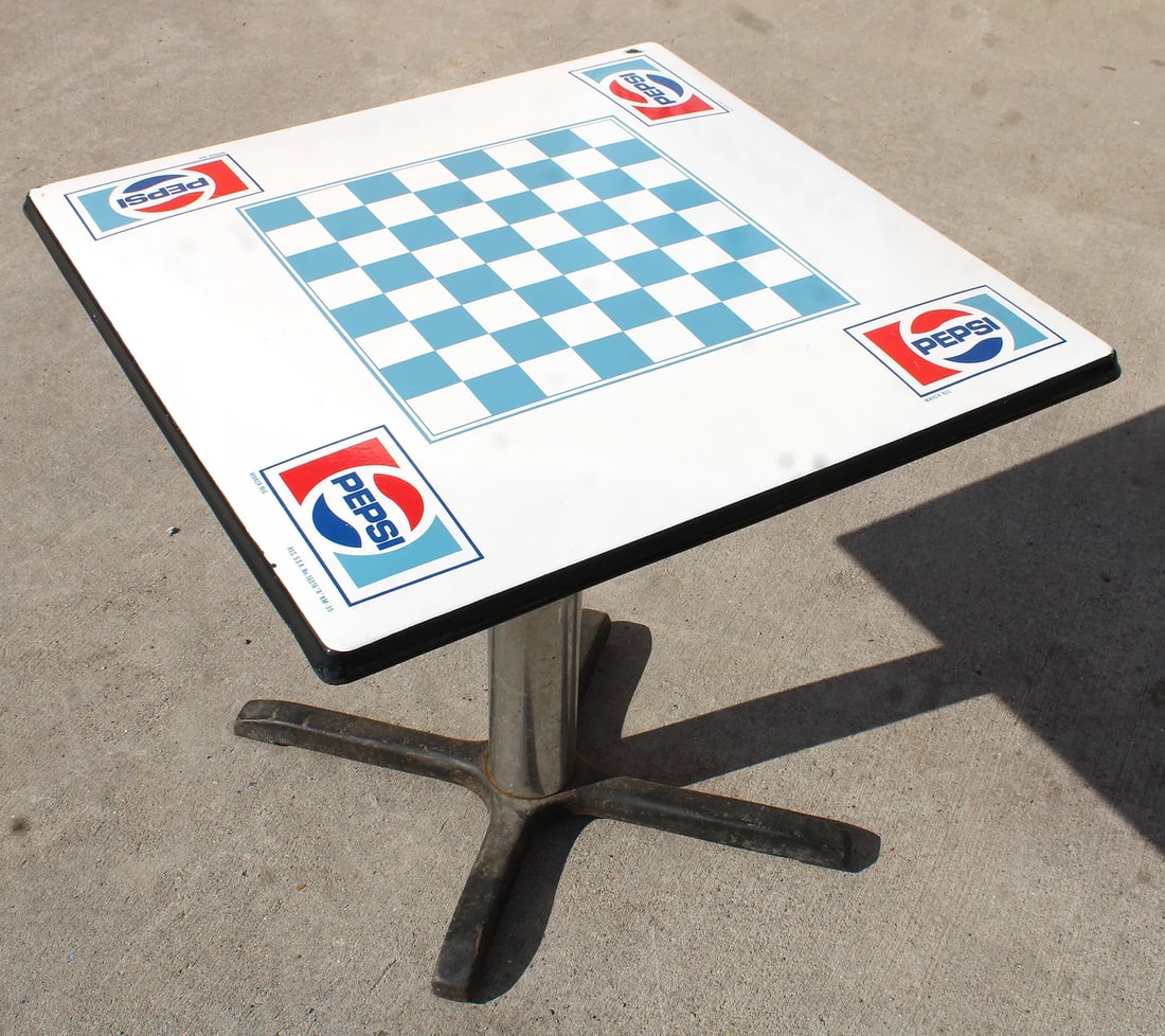 Pepsi Porcelain Top Chess Diner Table: This item requires third-party shipping or pickup arrangements to be made. Dimensions: 30 x 29 x 29