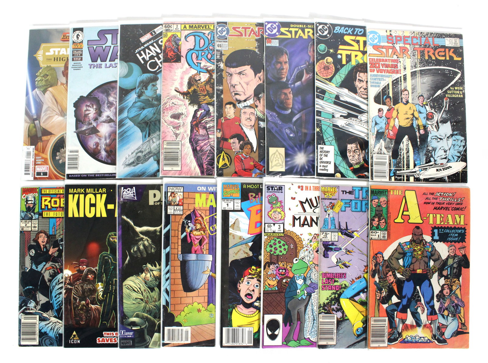 Movie and TV Themed Comic Books, Incl. A-Team, Star Wars and Robocop: Total of 16 Issues. Assorted issues. Bagged and Boarded. Varying conditions. In-house shipping available.