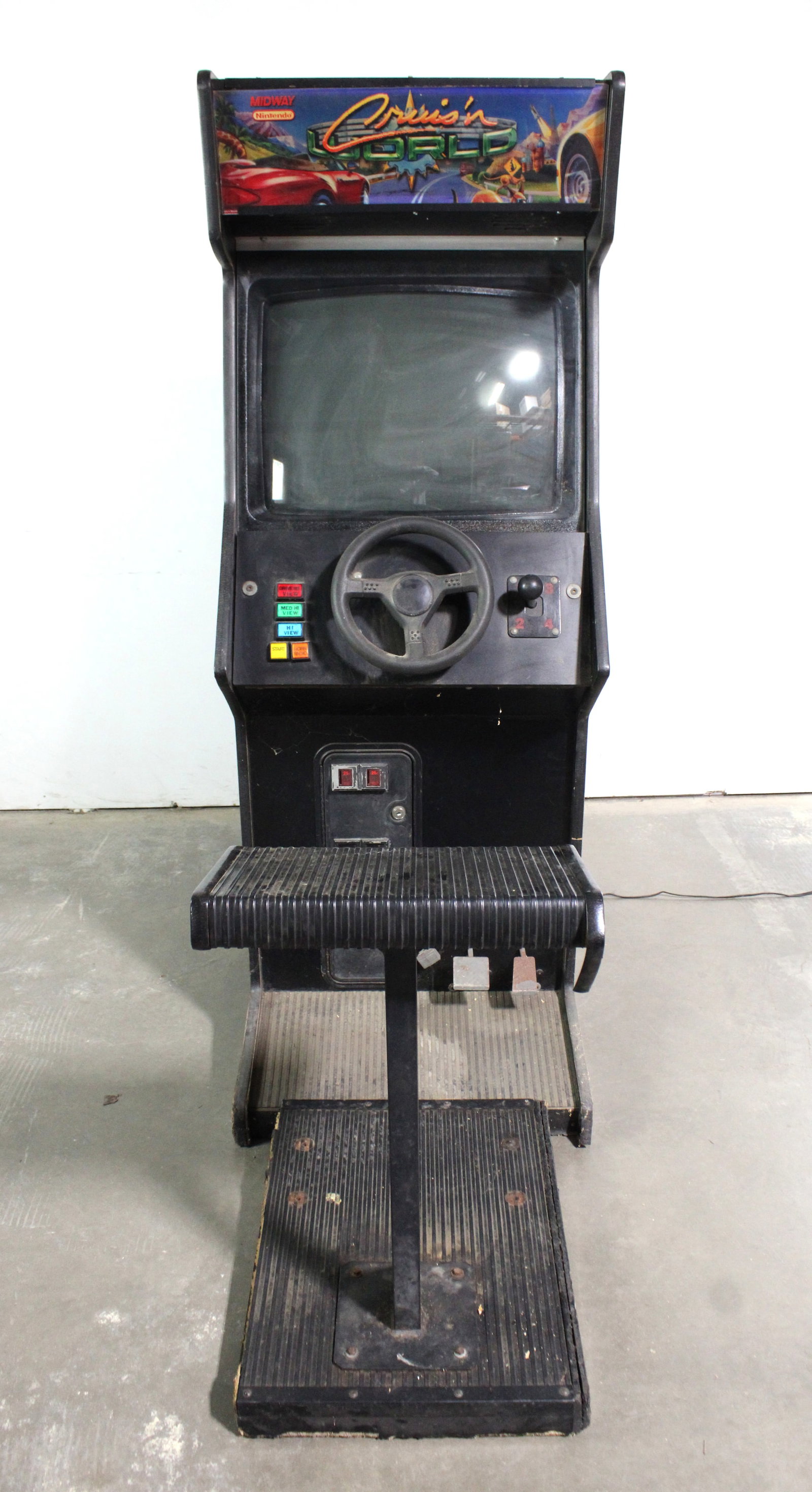 Midway Cruis'n USA Upright Arcade with Pedestal Seat: Not working. Locked no key. This item requires third-party shipping or pickup arrangements to be made. Dimensions: 71 x 26 x 46 (without seat)