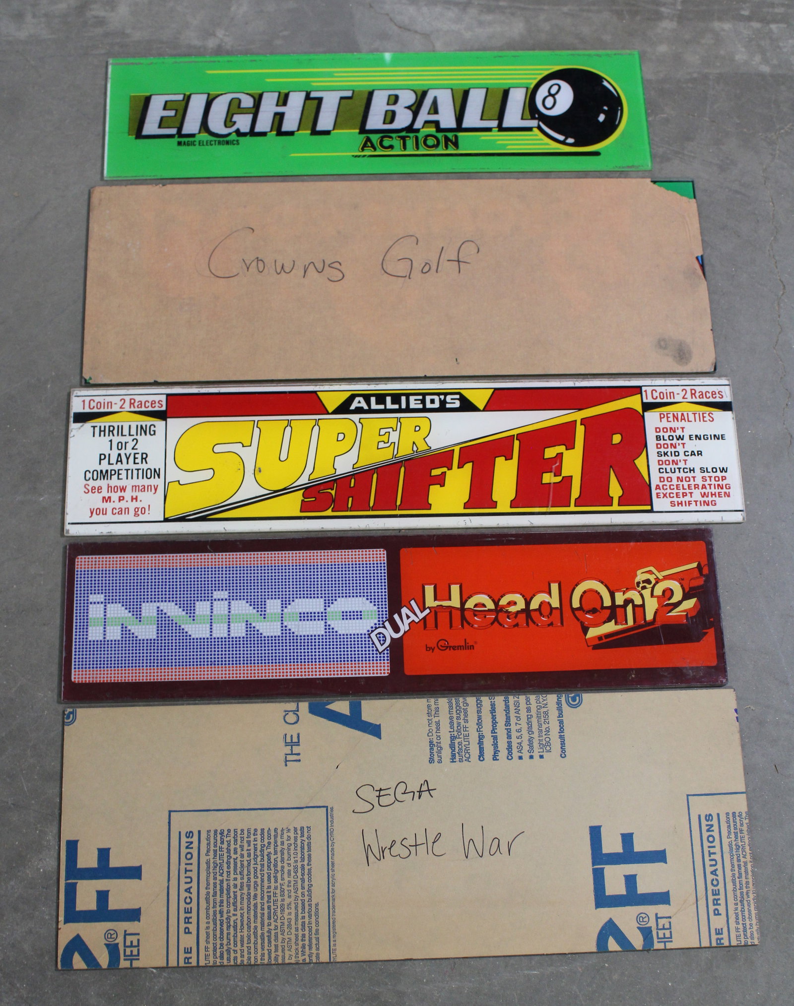 Arcade Game Headers incl. WrestleWar, Super Shifter and Eight Ball Action: Total of 5. In-house shipping available.