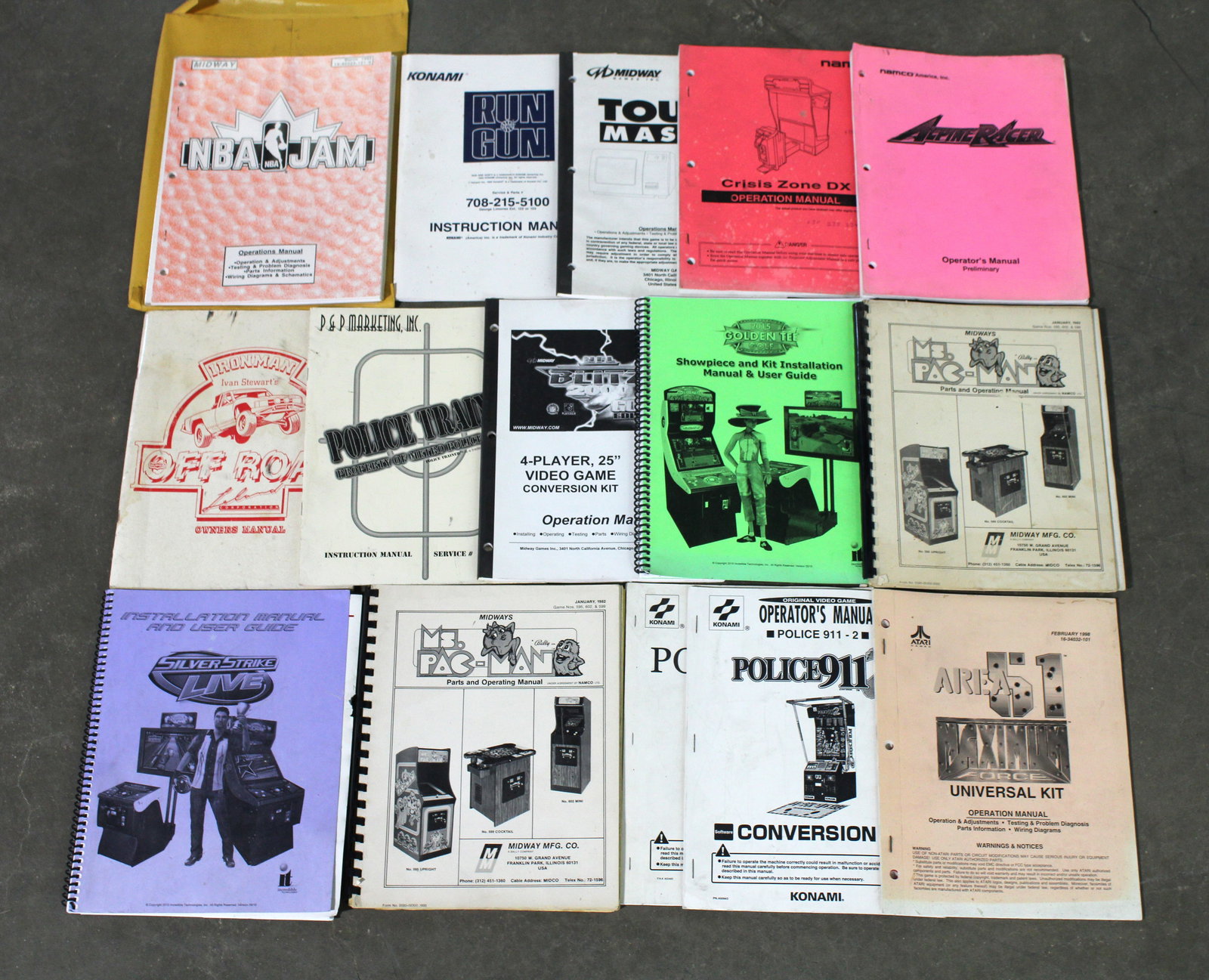 Arcade Game Manuals incl. NBA Jam, Ms. Pac-Man and Off Road: Total of 15. Varying conditions. In-house shipping available.