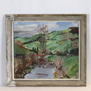 Müller, Robert (zugeschrieben) - Hü: Müller, Robert (zugeschrieben) - Hügellandschaft mit Bachlauf, Öl auf Leinwand aufgezogen, u. re. monogr. „RM 1951“, verso. bez. "Robert Müller 1951", ca. 38 x 42 cm, g