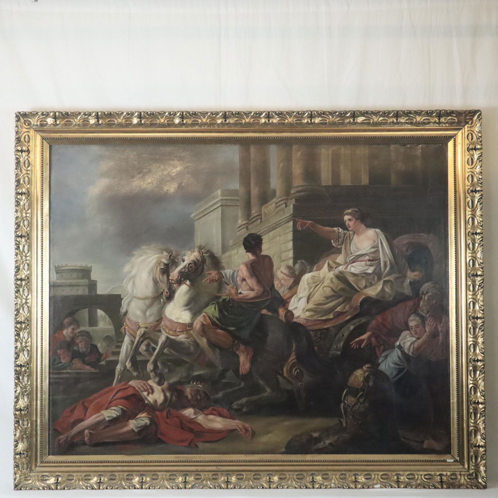 Bardin, Jean (1732-1809,nach)- Kopie 1.Hälfte: Bardin, Jean (1732-1809,nach)- Kopie 1.Hälfte 20.Jh.- Tullia überfährt den Leichnam ihres Vaters, Öl auf Leinwand, rechts unten mit Künstlernamenszug "J. Bardin", ca.108x138cm