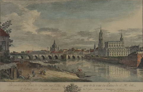 Ansicht von Dresden - nach Bernardo Bellotto, gen.: Ansicht von Dresden - nach Bernardo Bellotto, gen. Canaletto (1721 Venedig - 1780 Warschau), kolorierter Stich "Perspective du Pont de Dresde sur L'Elbe, - tirée de la veuë du Palais de S. M