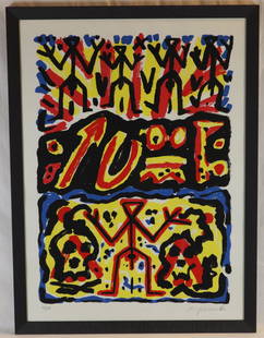 Penck, A.R. (1939 Dresden: 2017 Z&#252;rich) "Korrektur", 1995, Farbserigraphie, unterhalb in Blei signiert "ar.penck" und nummeriert "29/50", ca.106x78cm, verso Kunsthandeletikett mit handschriftlichen Angaben, unter Glass in