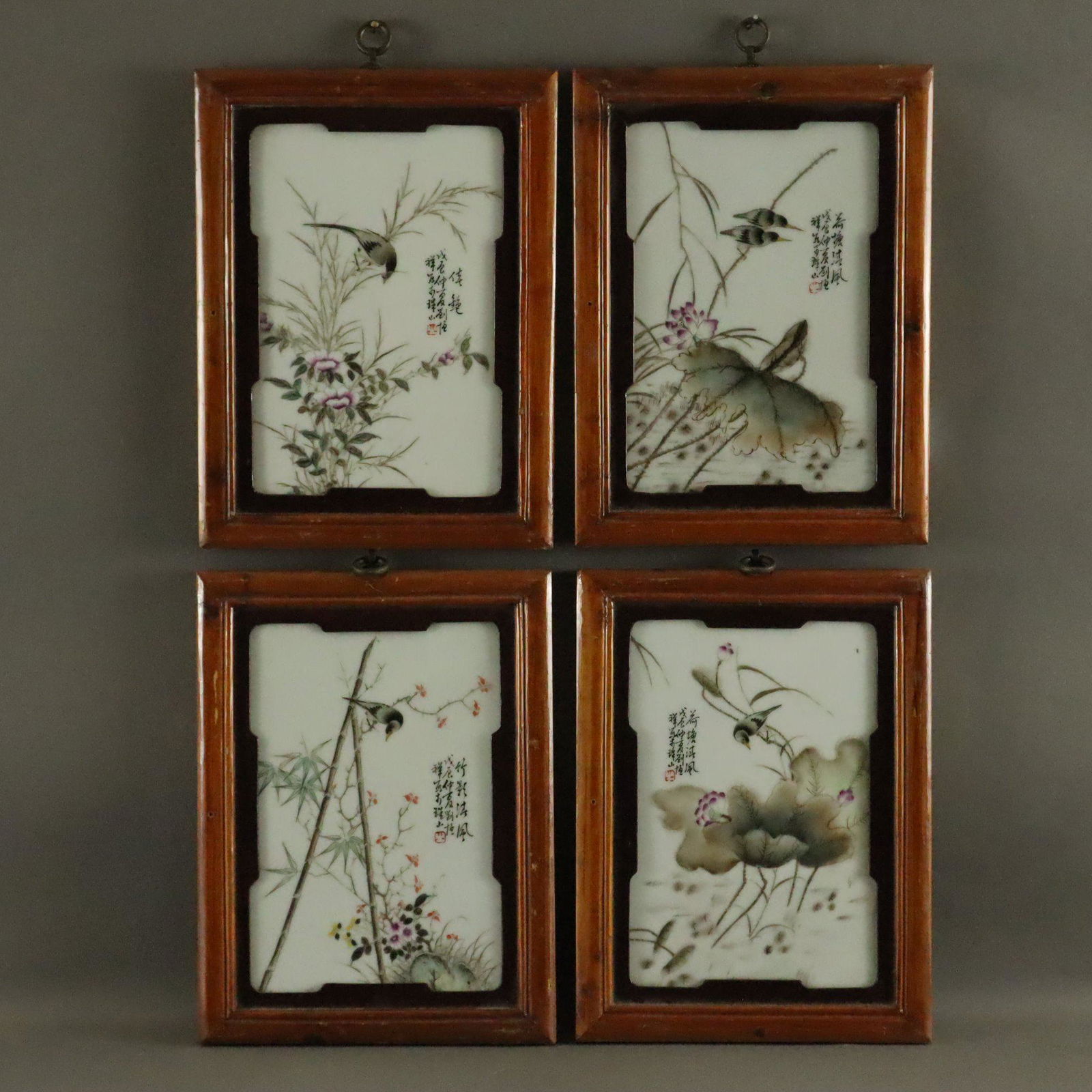 Vier Porzellanbilder - China, rechteckige Porzellanplatten mit massiver Holzrahmung, in leichten (1 of 5)