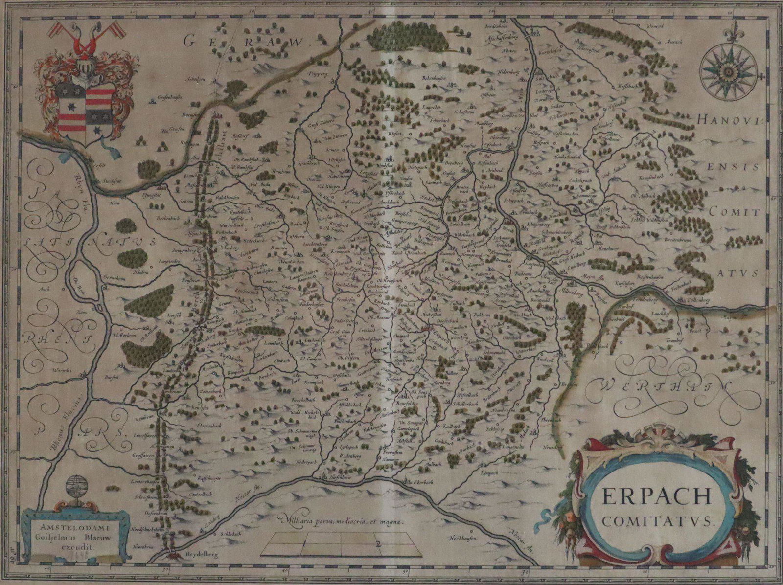 Landkarte von Erbach - "Erpach comitatu", altkolorierte Kupferstichkarte mit Wappen, Windrose und (1 of 8)