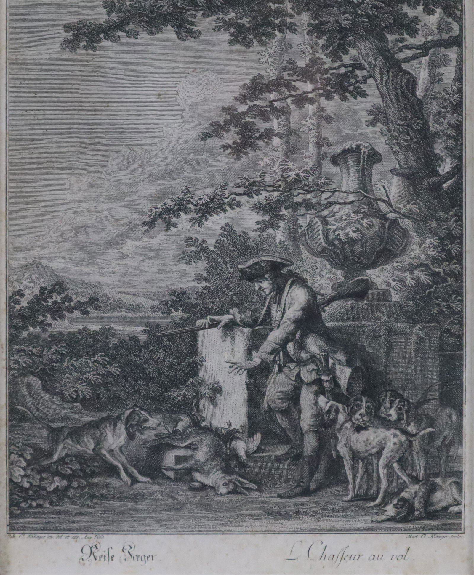 Ridinger, Martin Elias (Augsburg 1730 - 1781) - Kupferstich nach einer Zeichnung von Johann Elias: Ridinger, Martin Elias (Augsburg 1730 - 1781) - Kupferstich nach einer Zeichnung von Johann Elias Ridinger (1698-1767), in der Platte zweisprachig betitelt "Reisejäger" bzw. „Le Chasseur au