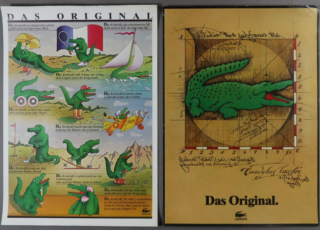 Zwei Werbeplakate "Lacoste. Das Original" - Farbkunstdruck, Blattmaße jeweils ca. 83,5 x 59 cm,: Zwei Werbeplakate "Lacoste. Das Original" - Farbkunstdruck, Blattmaße jeweils ca. 83,5 x 59 cm, ungerahmt, etwas knitterig, Ränder leicht eingerissen
