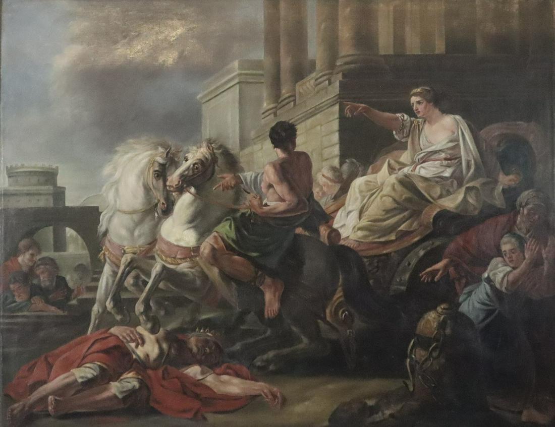 Bardin, Jean (1732-1809, nach)- Kopie 1.Hälfte 20.Jh.- Tullia überfährt den Leichnam: Bardin, Jean (1732-1809, nach)- Kopie 1.Hälfte 20.Jh.- Tullia überfährt den Leichnam ihres Vaters, Öl auf Leinwand, rechts unten mit Künstlernamenszug "J. Bardin", ca.108x138c