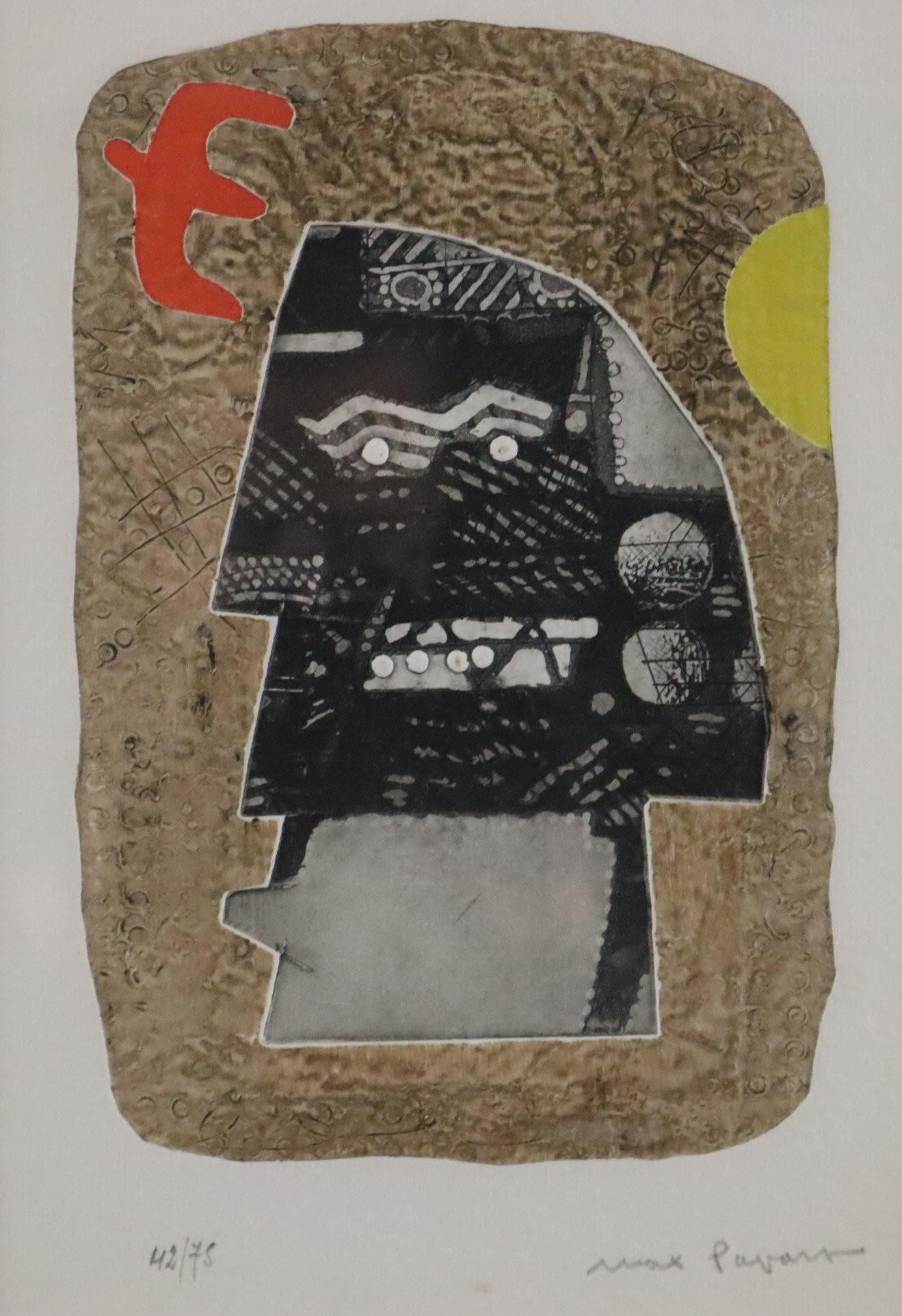 Papart, Max (1911 Marseille - 1994 Paris) - "Téte au oiseau rouge", Original-Radierung mit: Papart, Max (1911 Marseille - 1994 Paris) - "Téte au oiseau rouge", Original-Radierung mit Carborundum, unten links in Blei handsigniert, unten rechts nummeriert 42/75, im Passepartout unter Glas