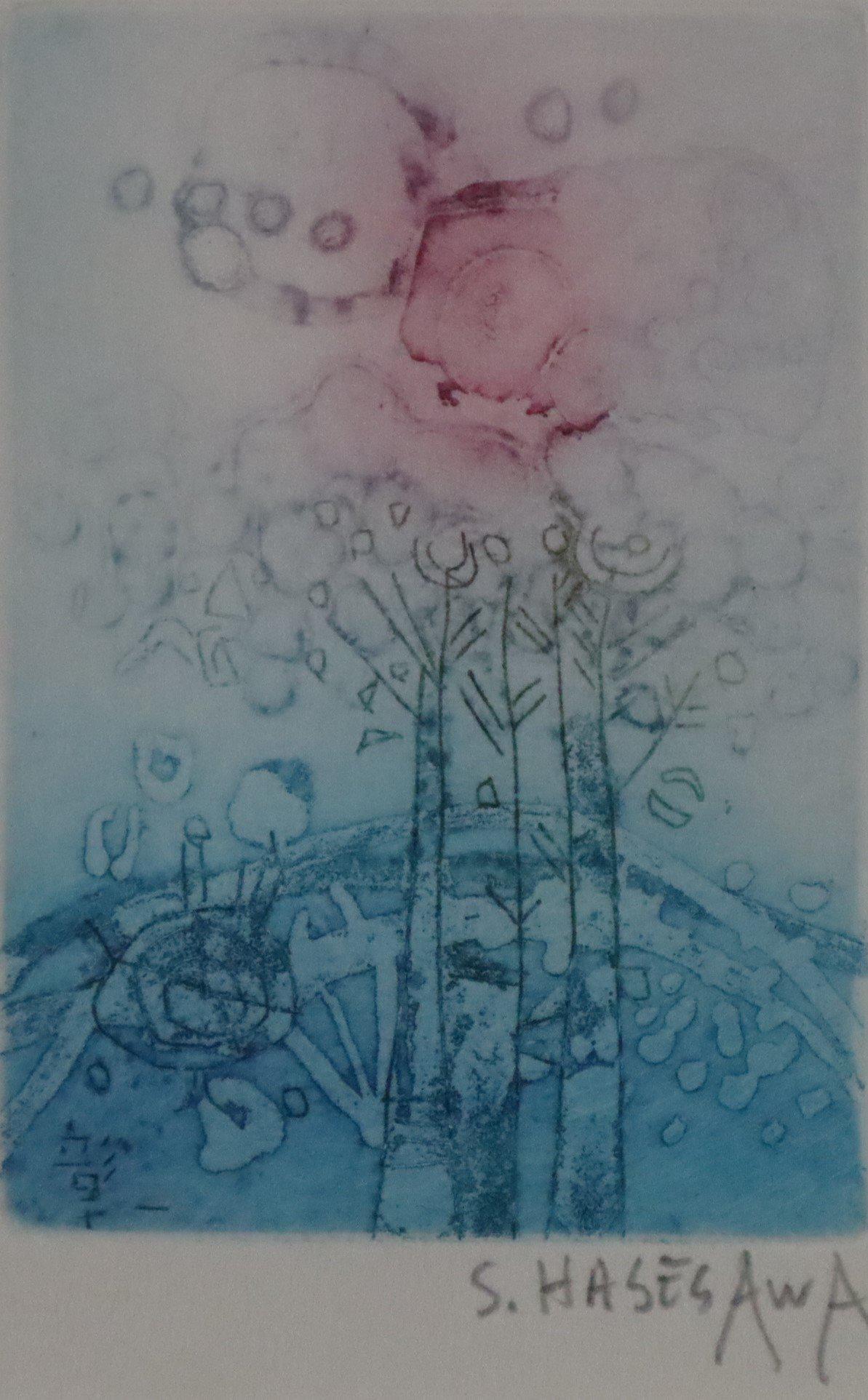 Hasegawa, Shoichi (geb.1929, in Paris lebender japanischer Maler und Grafiker) - "Au bord de la: Hasegawa, Shoichi (geb.1929, in Paris lebender japanischer Maler und Grafiker) - "Au bord de la forêt", Original-Farbradierung, unten rechts in Blei handsigniert, Plattenmaße ca.10,7x7,5cm,