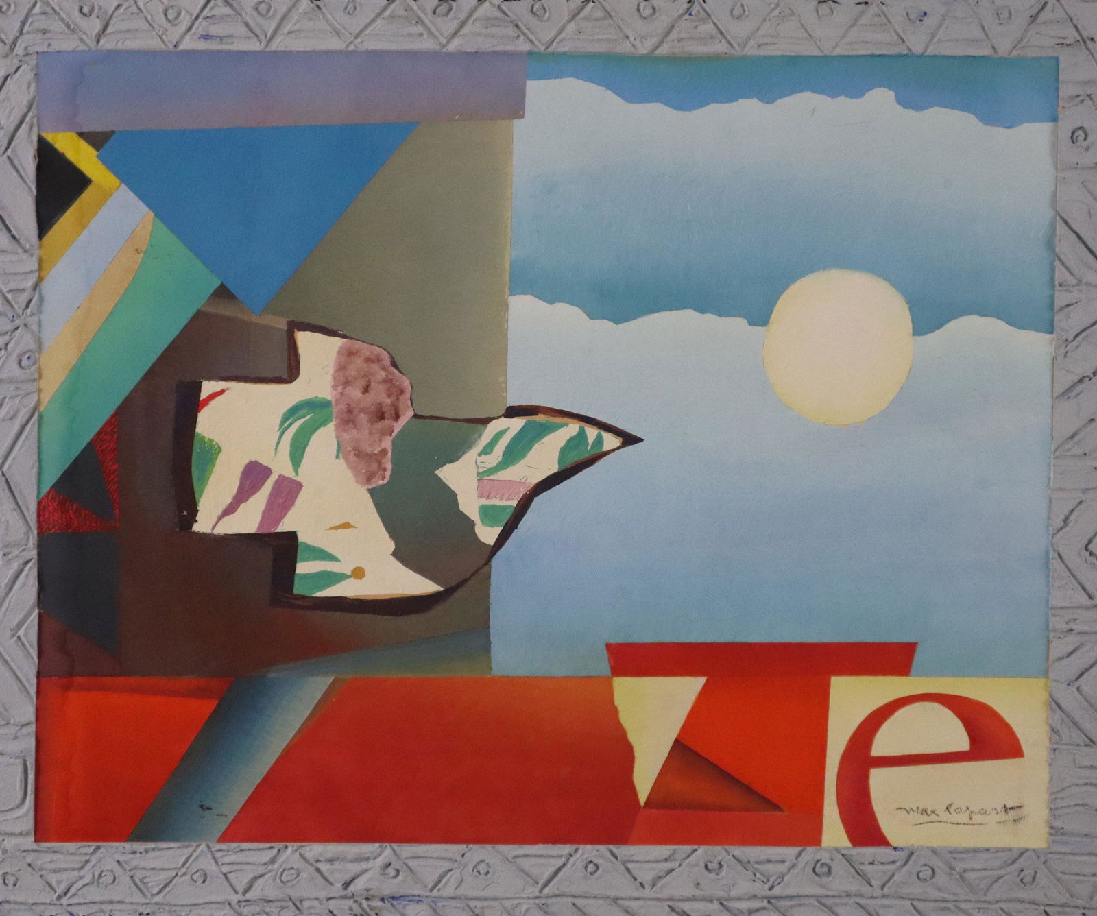 Papart, Max (1911 Marseille - 1994 Paris) - "Espace lunaire", ca.1990, Mischtechnik mit: Papart, Max (1911 Marseille - 1994 Paris) - "Espace lunaire", ca.1990, Mischtechnik mit ornamentiertem Reliefrand / Platte, unten rechts handsigniert, surreale Komposition, ca. 57 x 76 cm, schwarze Ra