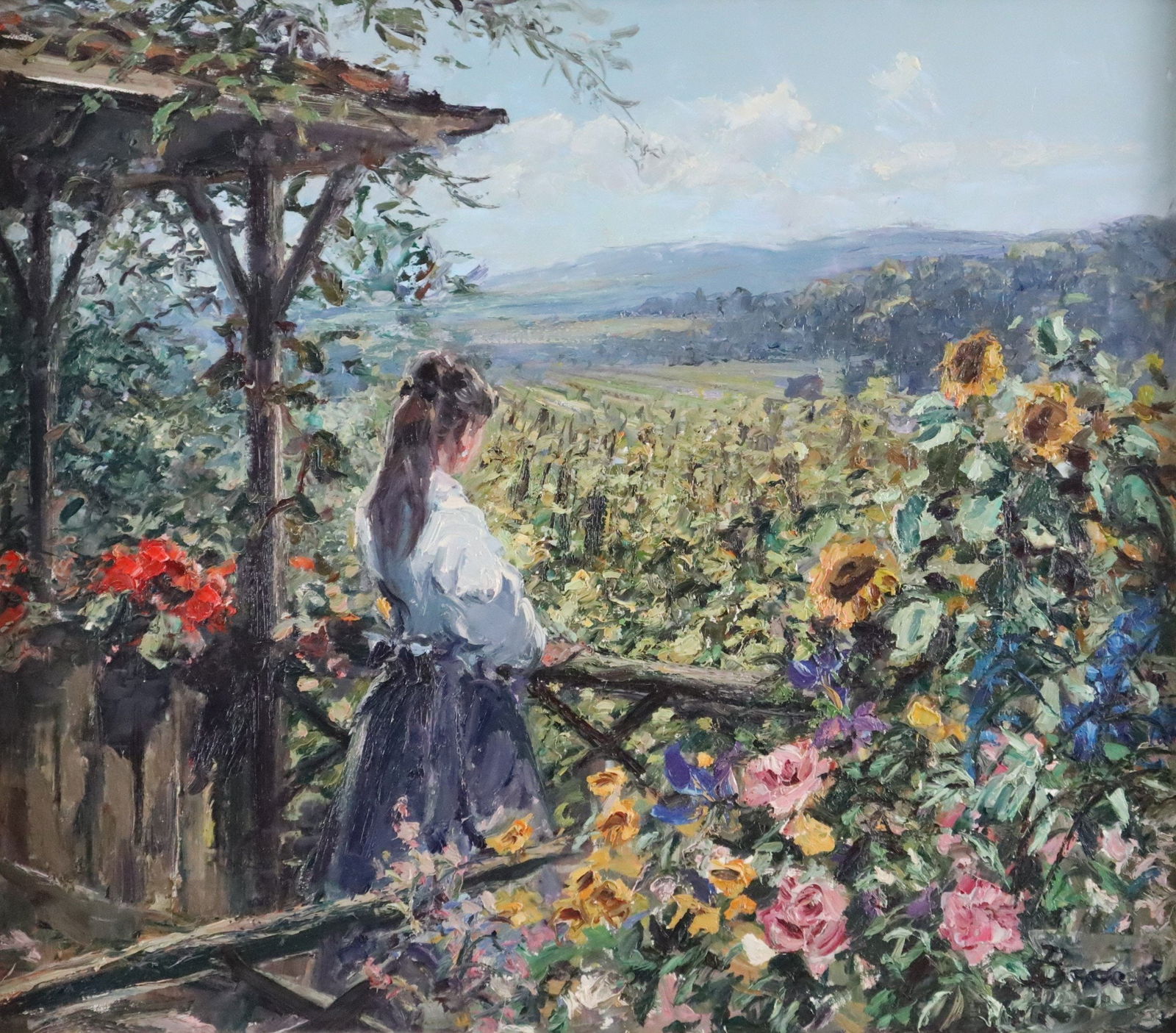 Becker, Hans-Jörg (1930 Berlin - 2013 ebenda) - Junge Frau auf blumengeschmückter Veranda: Becker, Hans-Jörg (1930 Berlin - 2013 ebenda) - Junge Frau auf blumengeschmückter Veranda über einem Weinberg, Öl auf Leinwand, unten rechts signiert "Becker", ca. 70 x 80 cm, gera