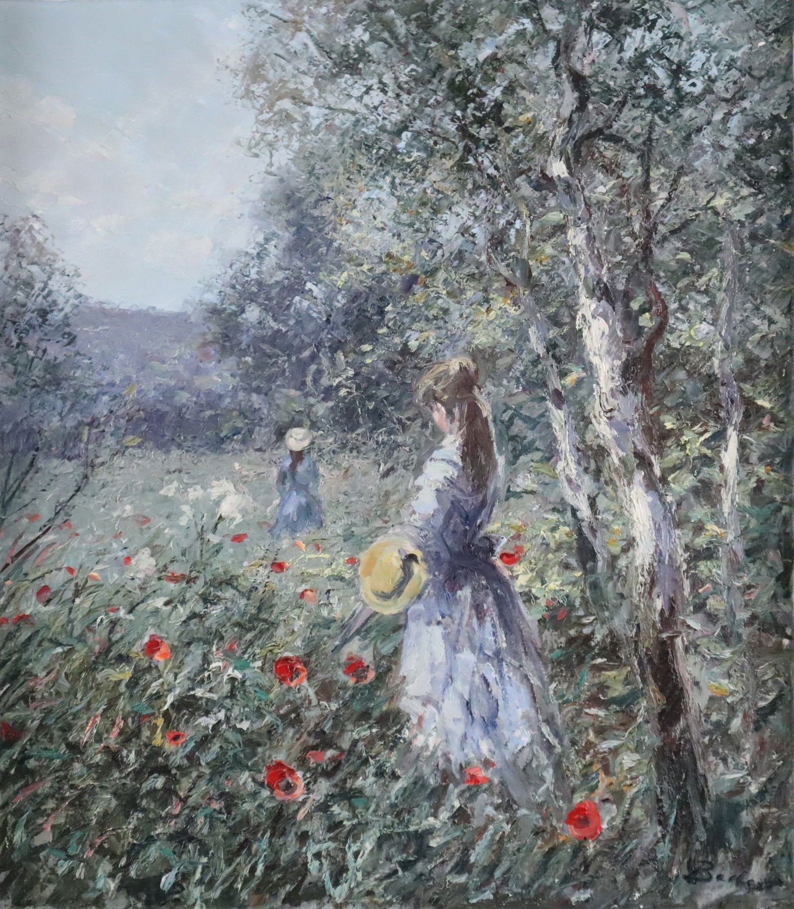 Becker, Hans-Jörg (1930 Berlin - 2013 ebenda) - Zwei junge Frauen auf einer Mohnblumenwiese,: Becker, Hans-Jörg (1930 Berlin - 2013 ebenda) - Zwei junge Frauen auf einer Mohnblumenwiese, Öl auf Leinwand, unten rechts signiert "Becker", ca. 80 x 70 cm, gerahmt, Gesamtmaße ca. 98