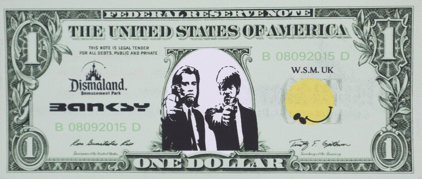 Banksy (*1974 Bristol, nach) - "Dismal 1 Dollar Canvas" mit "Pulp Fiction"-Motiv, 2015, Souvenir aus: Banksy (*1974 Bristol, nach) - "Dismal 1 Dollar Canvas" mit "Pulp Fiction"-Motiv, 2015, Souvenir aus der Ausstellung "Dismaland" in Weston-super-Mare in Somerset, Serigrafie auf Stoff in Form eines Do