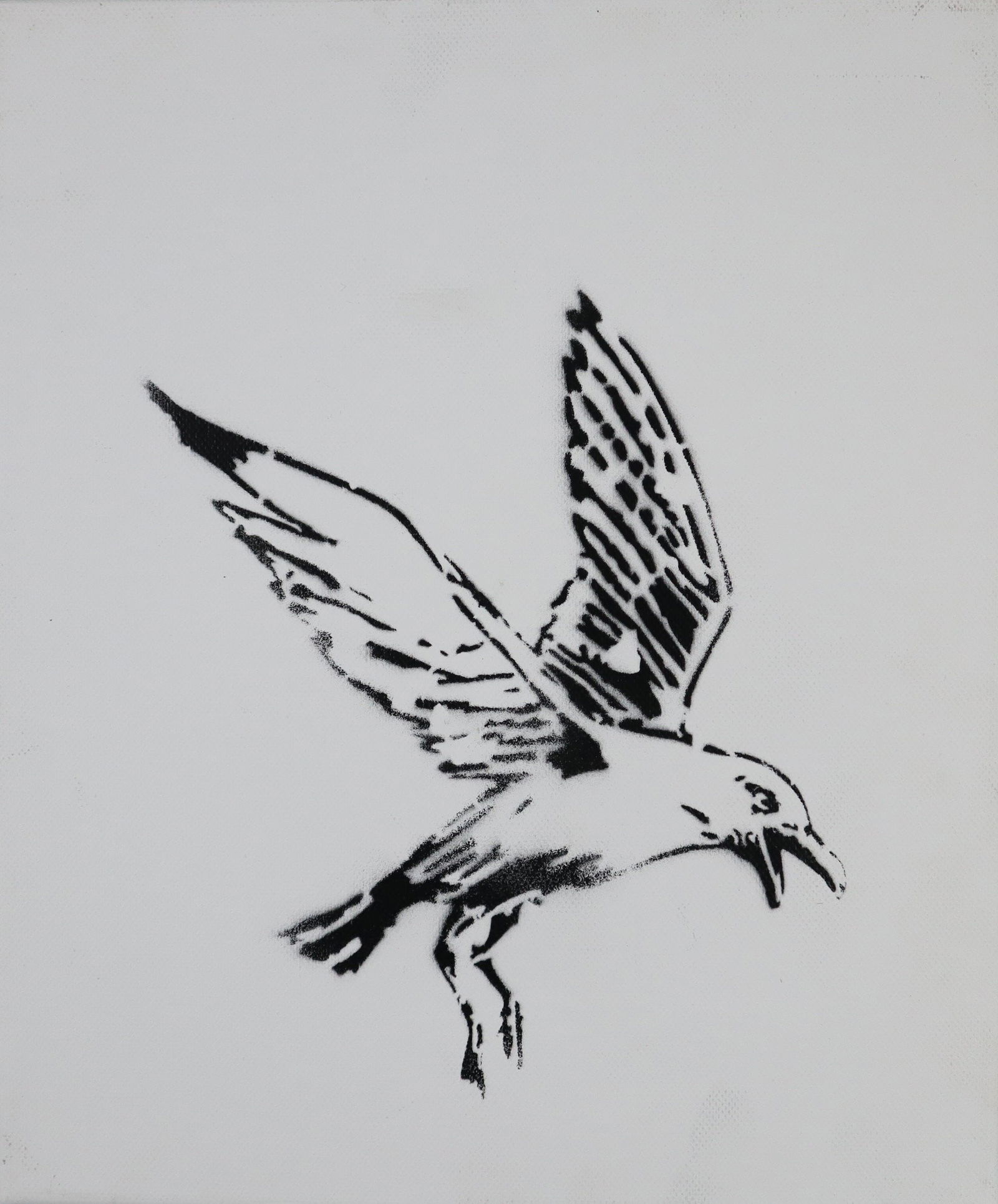 Banksy (*1974 Bristol, nach) - "Gull / Möwe", 2015, Souvenir: Banksy (*1974 Bristol, nach) - "Gull / Möwe", 2015, Souvenir aus der Ausstellung "Dismaland" in Weston-super-Mare in Somerset, Pochoir-Druck (Schablonengraffiti) auf weiß grundierter Leinwan