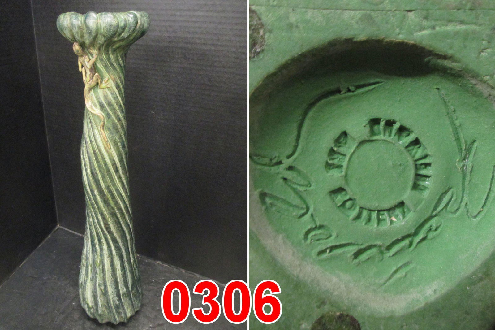 VERY UNUSUAL ART POTTERY VASE BY R. FREIWALD: VERY UNUSUAL ART POTTERY VASE WITH SALAMANDER BY RICHARD A. FREIWALD , APPROX 22" TALL