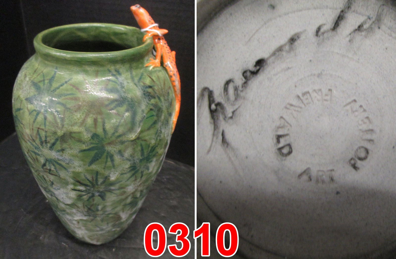 ART POTTERY VASE BY RICHARD FREIWALD: ART POTTERY VASE APPROX 11" TALL WITH ORANGE SALAMANDER BY RICHARD A FREIWALD