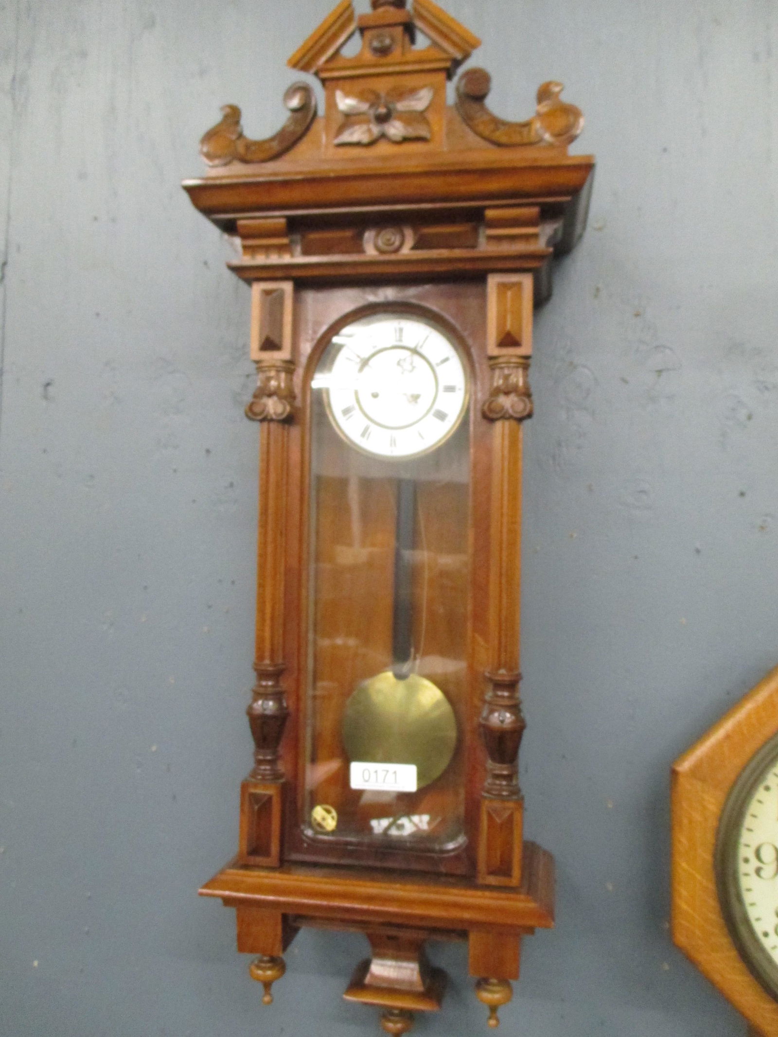 VIENNA REGULATOR WALL CLOCK: VIENNA REGULATOR WALL CLOCK APPROX 42" TALL, SPRING DRIVEN