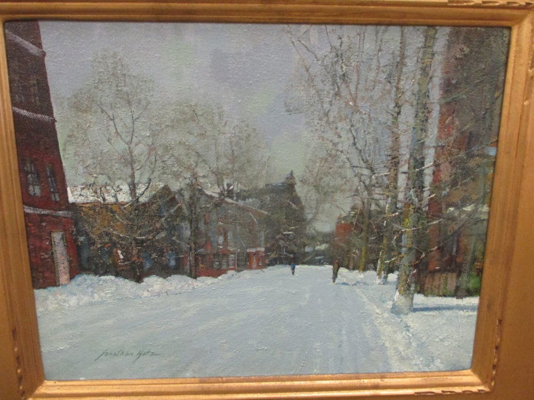 OIL ON CANVAS PAINTING SIGNED JONATHAN HOTZ: OIL ON CANVAS PAINTING SIGNED JONATHAN HOTZ OF WINTER STREET SCENE. MARKED ON BACK ROBERT WILSON GALLERIES NANTUCKET MASS. INSIDE FRAME APPROX. 13 3/4 X 10 3/4