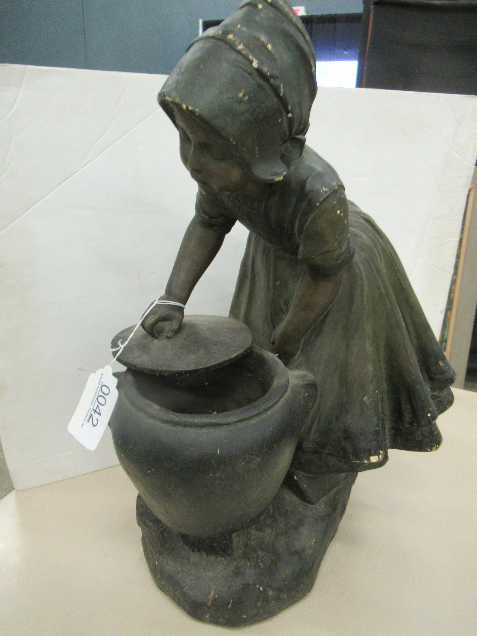 SCULPTURE OF GIRL WITH URN CONVERTED TO LAMP: PLASTER SCULPTURE OF GIRL WITH URN CONVERTED TO LAMP, APPROX. 21" TALL