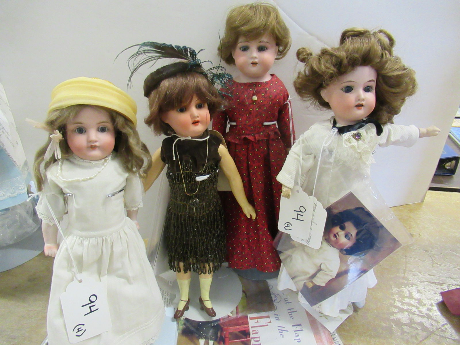 4 BISQUE HEAD DOLLS: 4 BISQUE HEAD DOLLS, 154.DEP.2 1/2 13" TALL, HEUBACH KOPPLESDORF 14" TALL 250.11/0, GERMAN 390 14" TALL, GERMAN 12/0 16" TALL