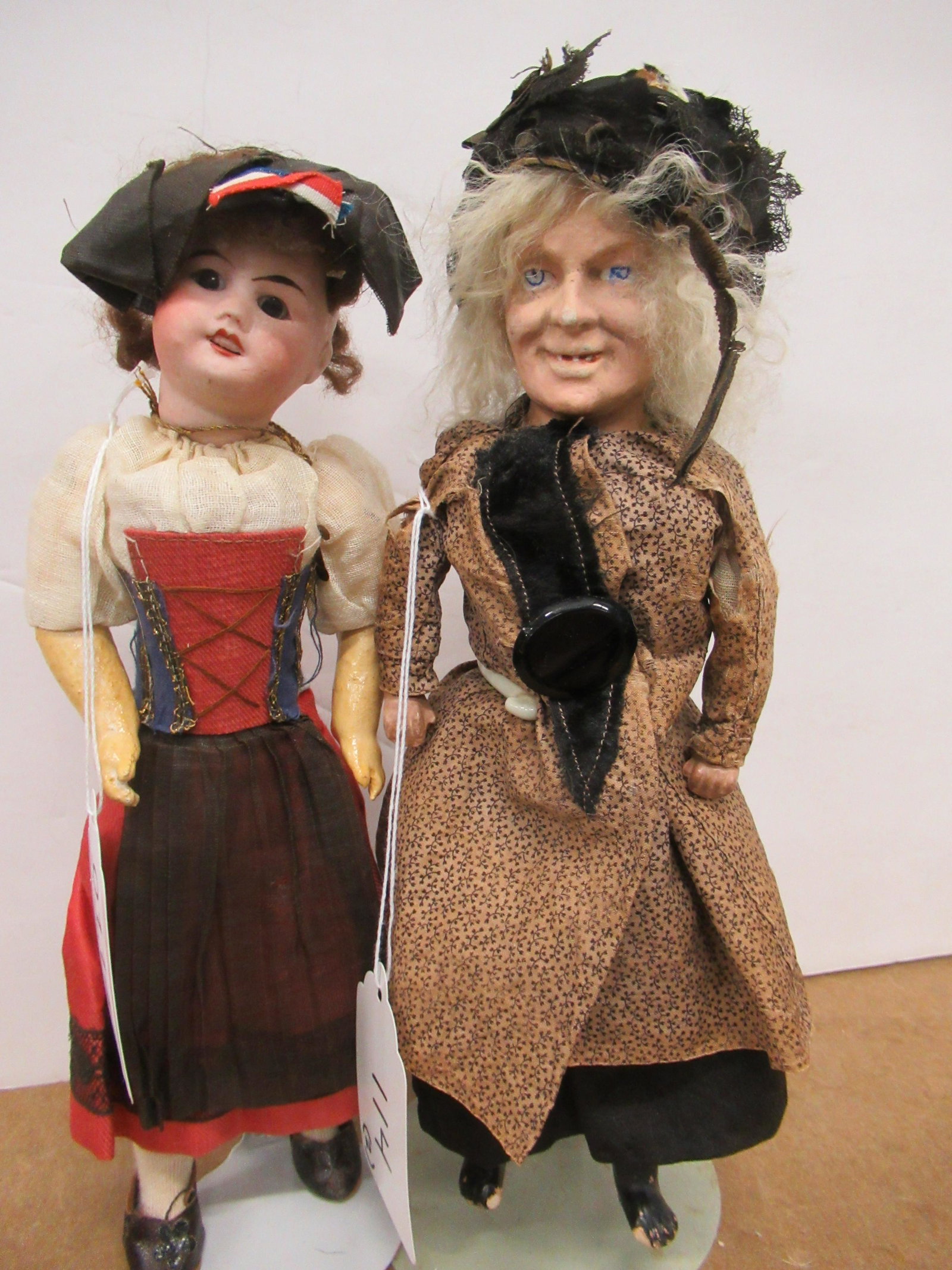 1 BISQUE HEAD FRENCH DOLL AND 1 WITCH DOLL: 2 SMALL DOLLS- 1 BISQUE HEAD FRENCH DOLL MARKED PARIS, 1 WITCH DOLL , APPROX. 12" TALL