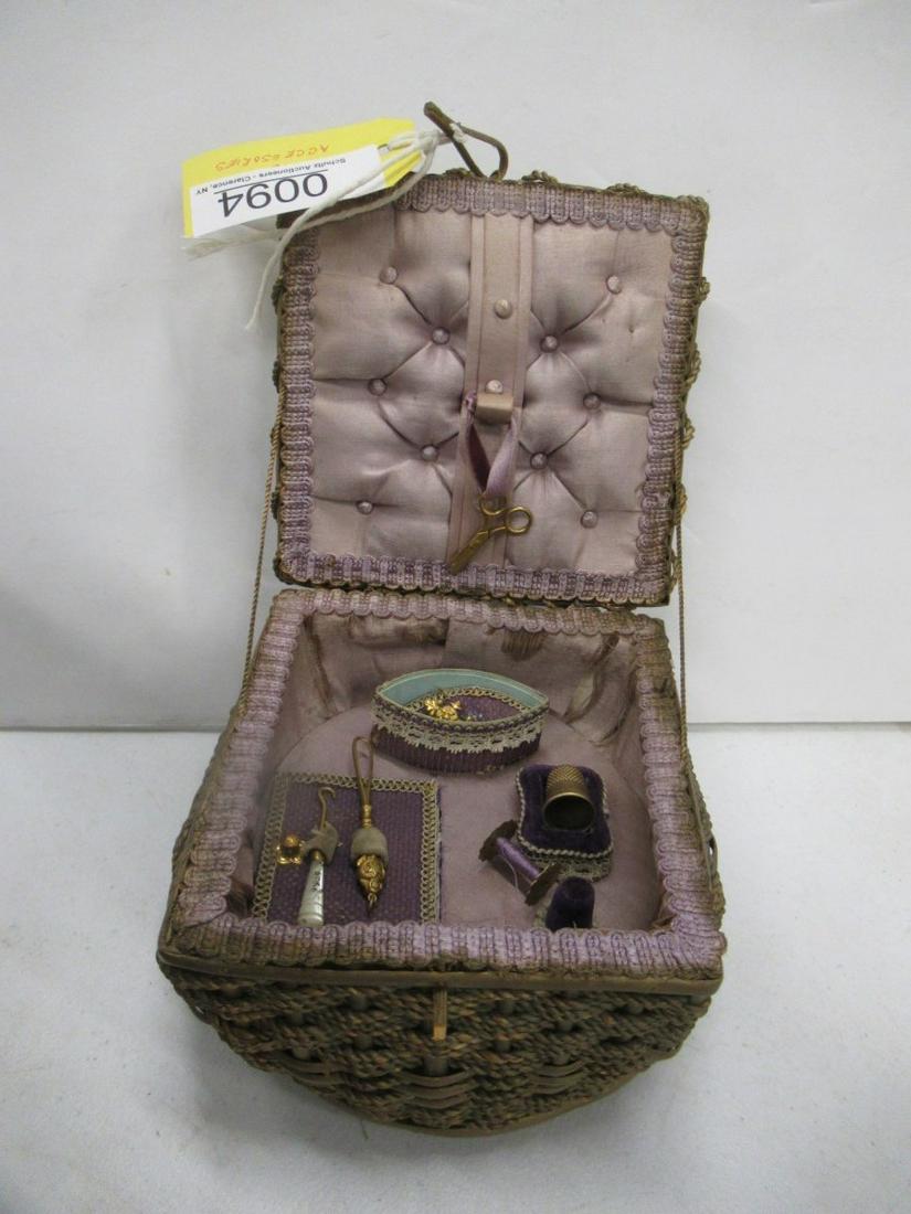 ANTIQUE SEWING BASKET WITH ACCESSORIES: ANTIQUE SEWING BASKET WITH ACCESSORIES