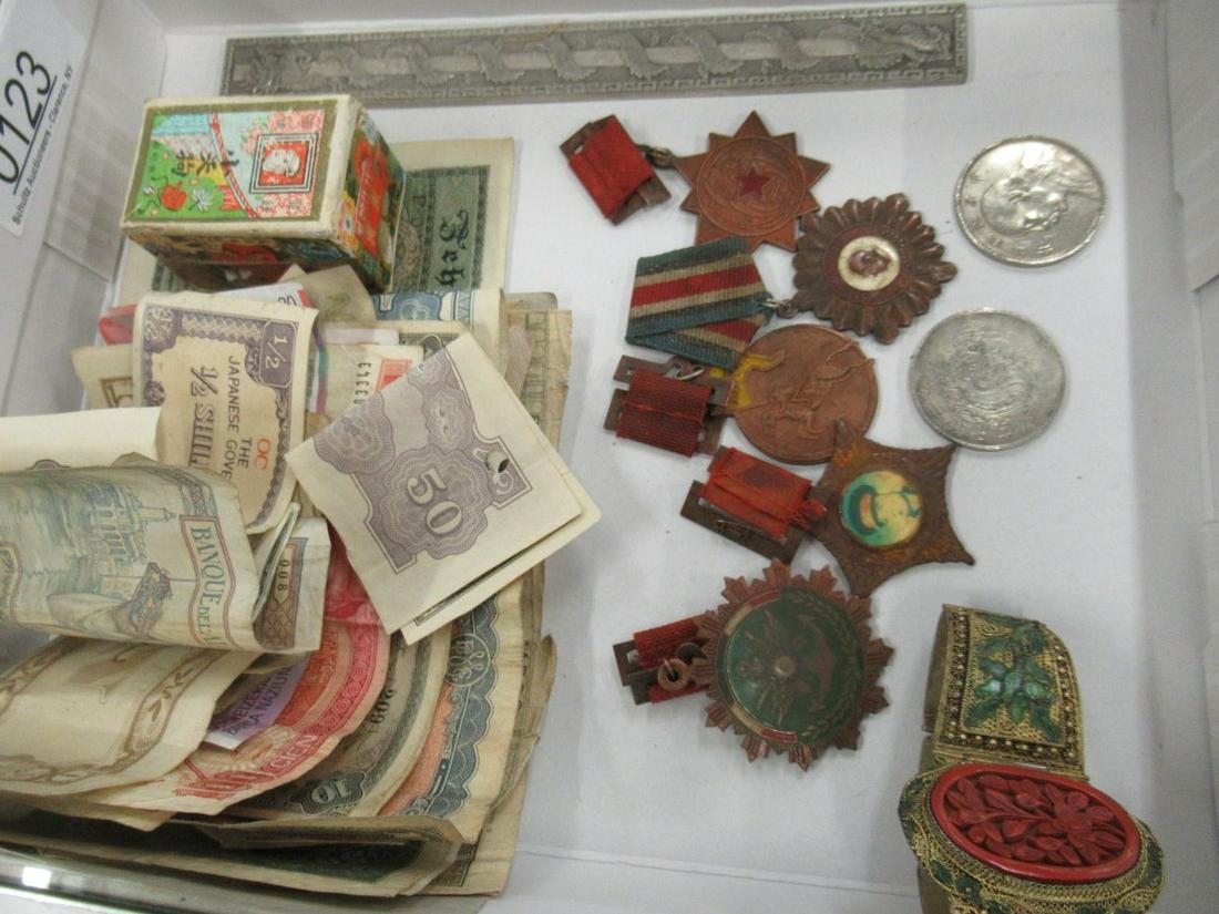 MISC. CHINESE COINS, MEDALS, PAPER MONEY, ETC: MISC. CHINESE COINS, MEDALS, PAPER MONEY, METAL AND CINNABAR BRACELET