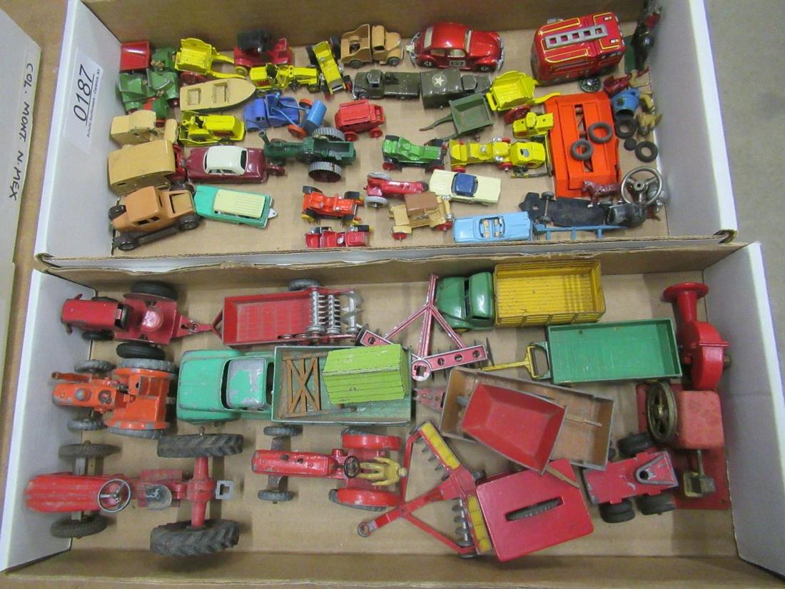 2 BOXES OF MINIATURE METAL CARS, ETC: 2 BOXES OF MINIATURE METAL CARS AND FARM EQUIPMENT INCLUDING TOOTSIE TOY AND LESNEY