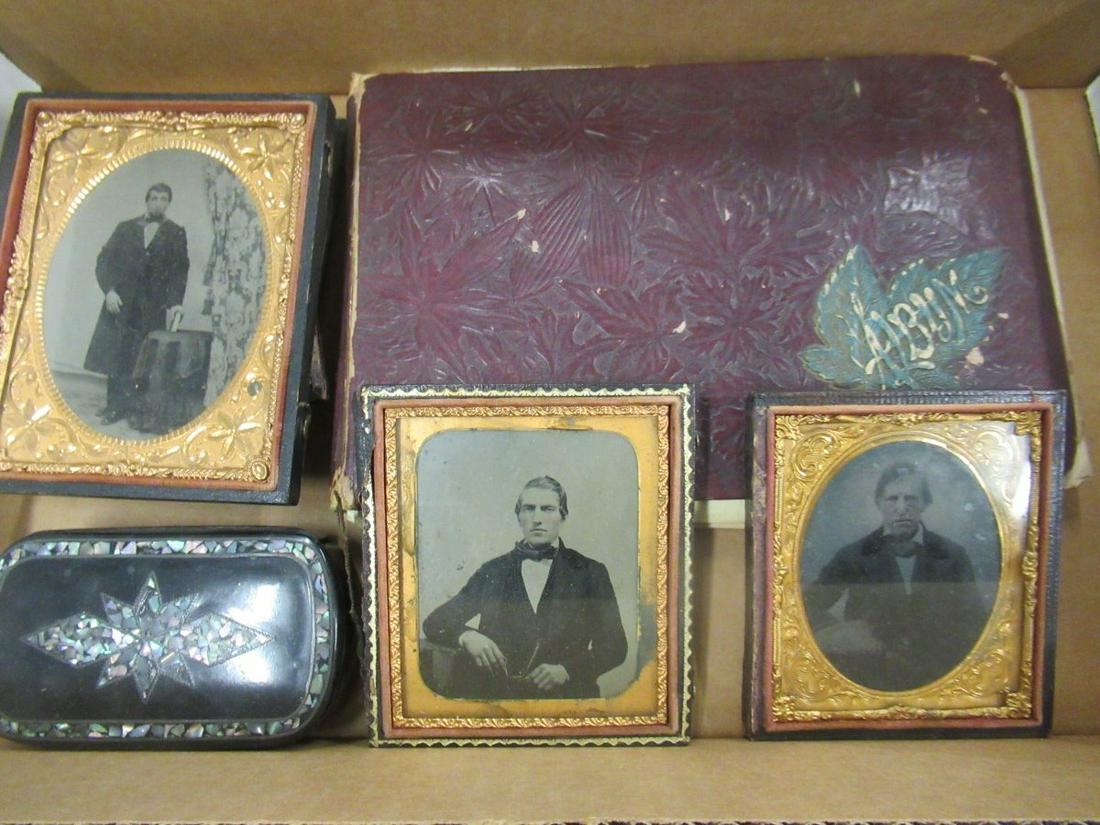 LOT OF 3 TIN TYPES, SNUFF BOX, ALBUM, ETC: LOT OF 3 TIN TYPE / DAQUERREOTYPE IN CASES, SNUFF BOX, AND AUTOGRAPH ALBUM FROM 1800s