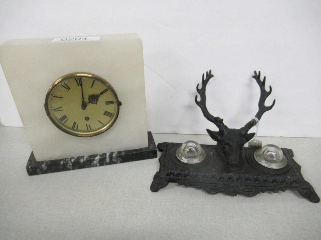 ONYX AND MARBLE CASED CLOCK + IRON INKWELL: ONYX AND MARBLE CASED CLOCK AND IRON INKWELL WITH DEER HEAD