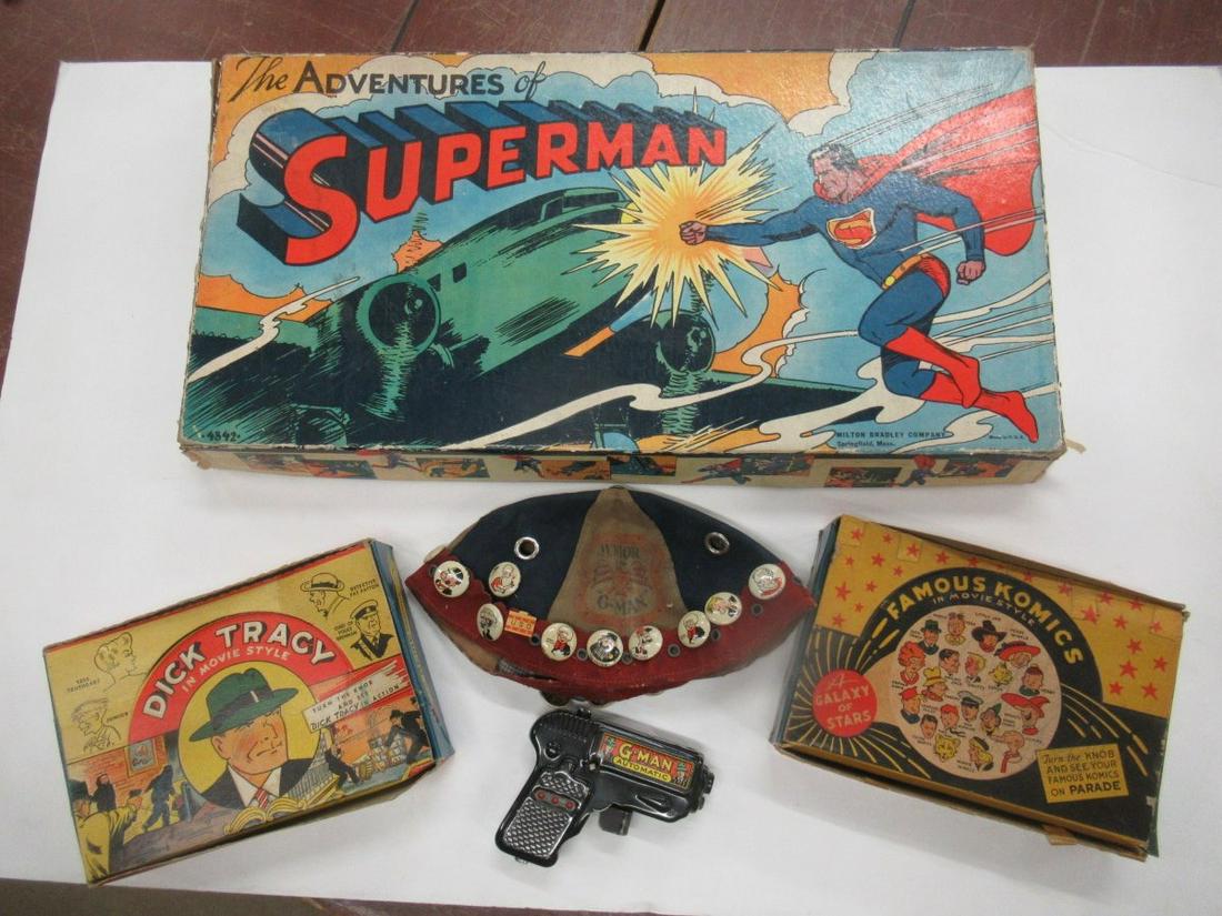 JUNIOR G MAN BEANIE, SUPERMAN BOARDGAME, MISC.: JUNIOR G MAN BEANIE WITH PIN BACK BUTTONS, SUPERMAN BOARD GAME, AND MISC