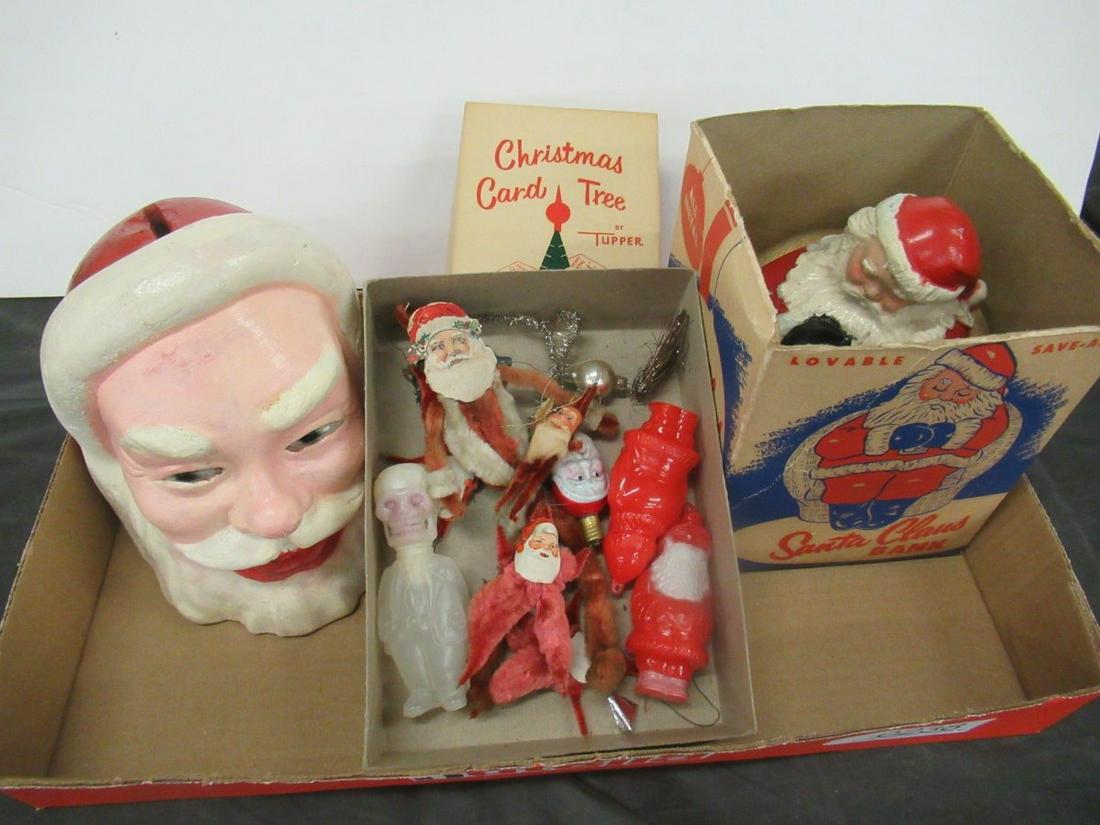 LOT OF CHRISTMAS ITEMS INCL. EARLY SANTA BULBS: LOT OF CHRISTMAS ITEMS INCLUDING EARLY SANTA BULBS AND BANKS