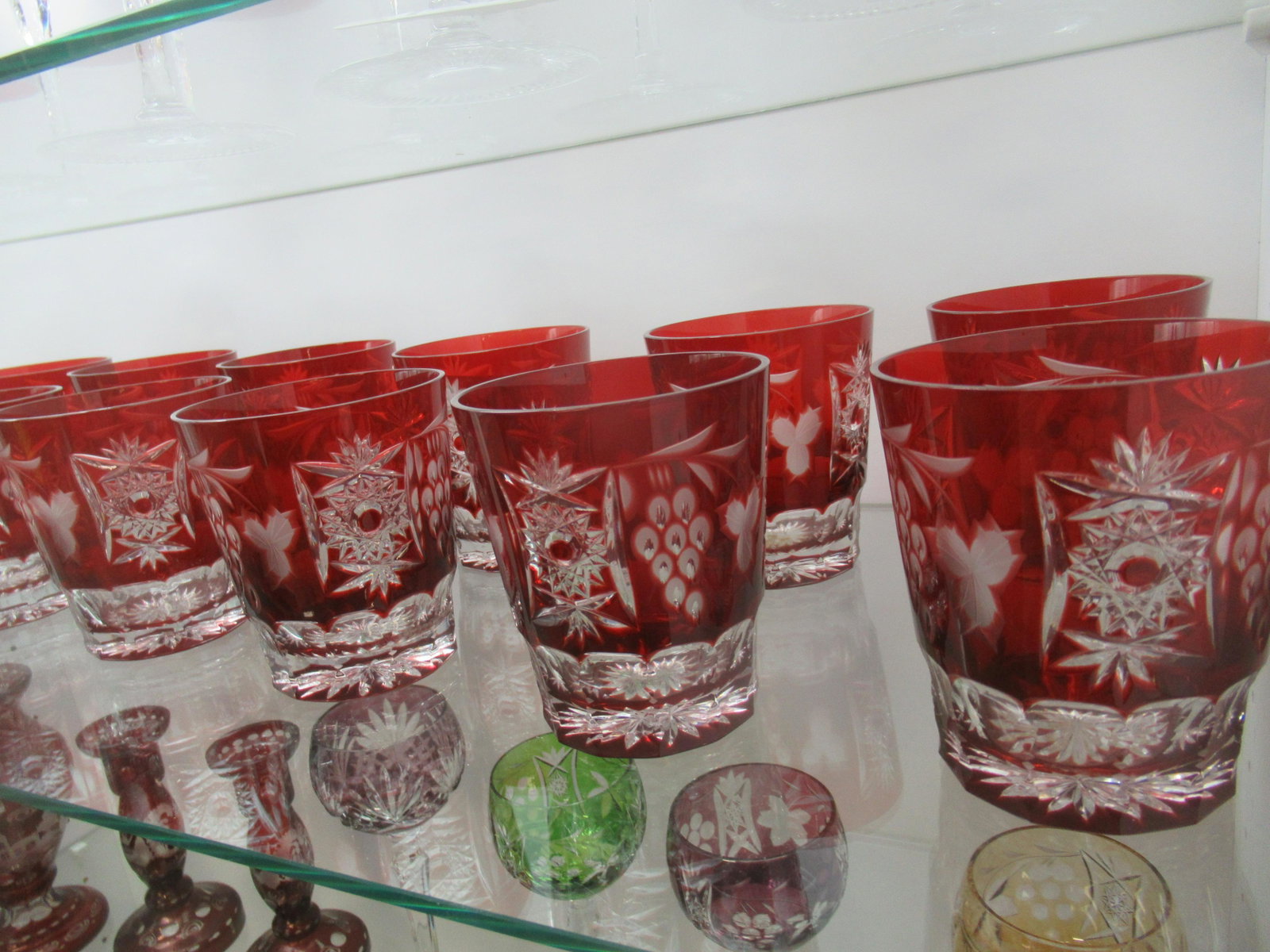 12 Bohemian Cranberry Cut to Clear Glasses: 12 Bohemian Cranberry Cut to Clear Glasses