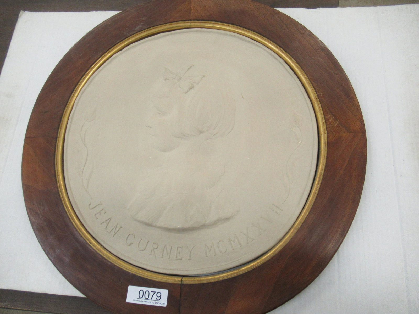 Plaster Plaque of Jean Gurney Circa 1927: Plaster Plaque of Jean Gurney Circa 1927, Approx. Inside 19" diam, Overall 25" Diam
