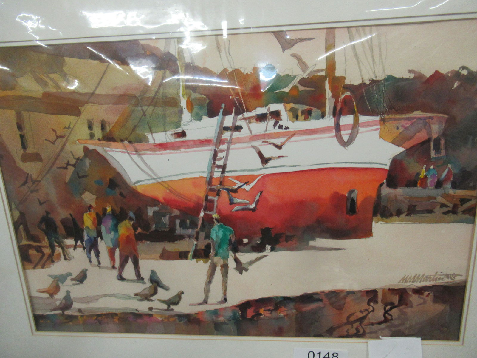 Margaret Martin Watercolor: Margaret Martin Watercolor , Ship in Dry Dock with People, Approx. 21.5" x 14"
