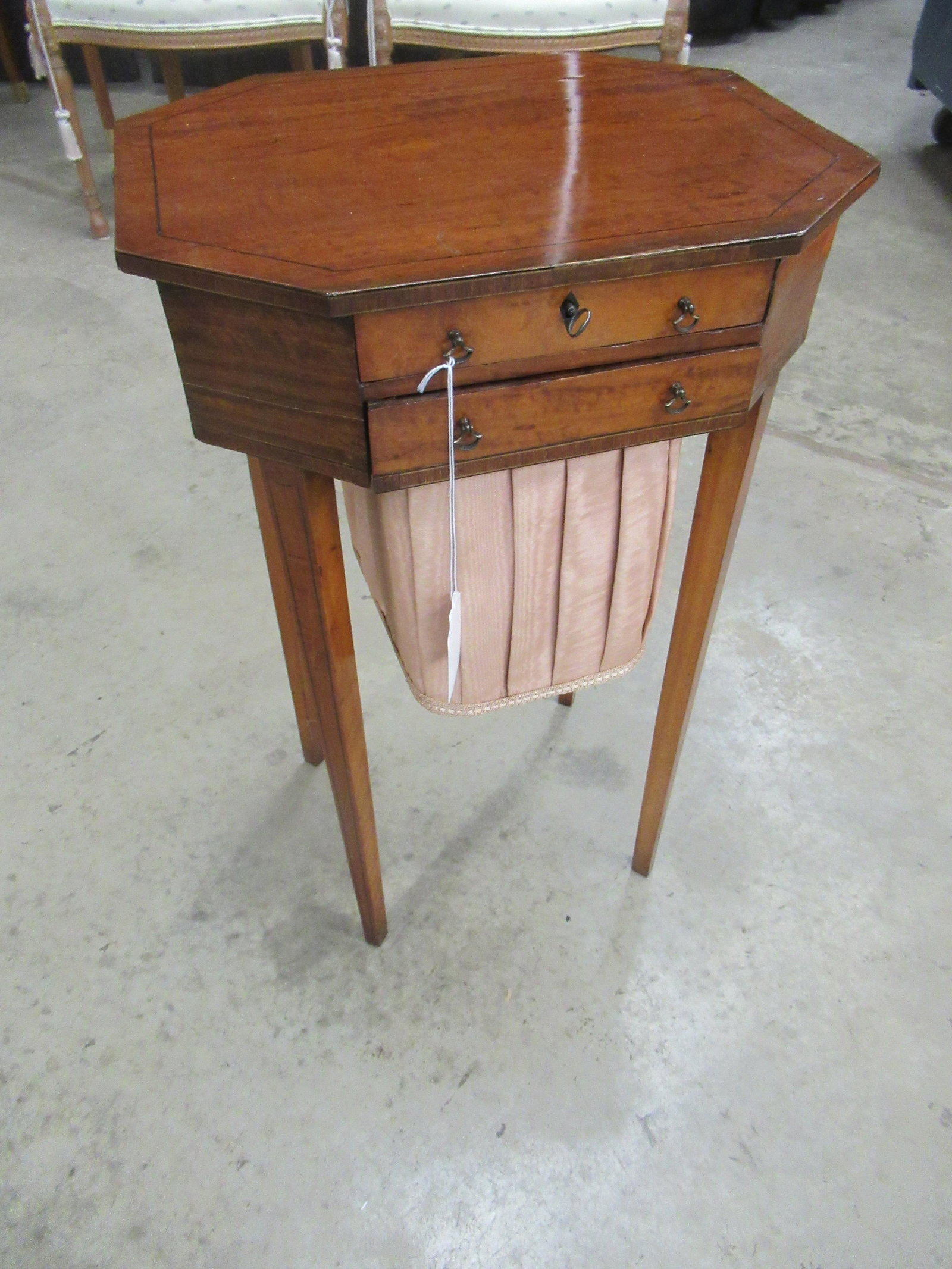 19c Satinwood Sewing Table w/ Cloth Basket: 19th c. Satinwood sewing table with cloth basket, Approx. 27" h x 16" w