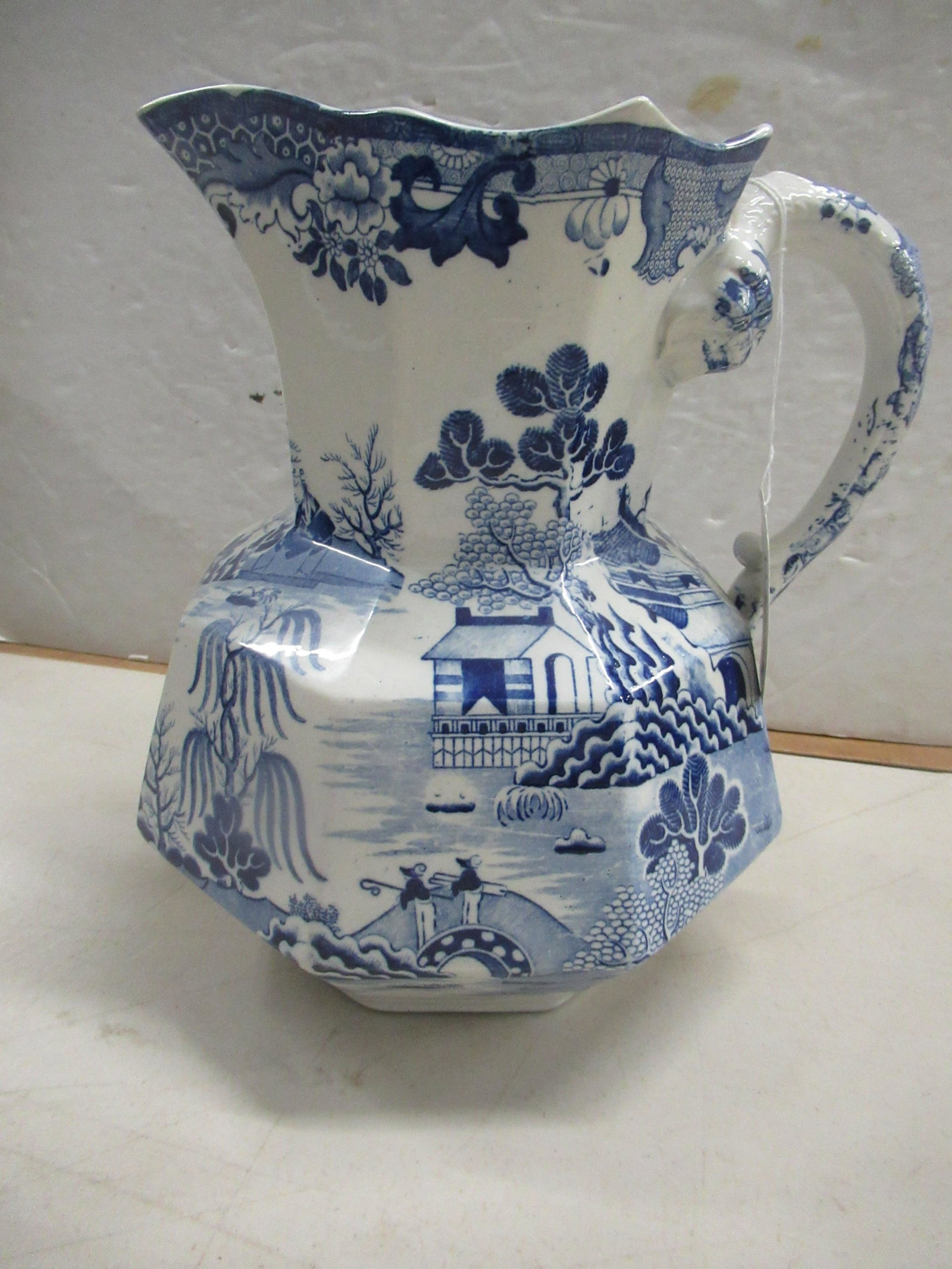 Early Mason Blue + White Pitcher w Serpent Handle: Early Mason blue and white pitcher with serpent handle
