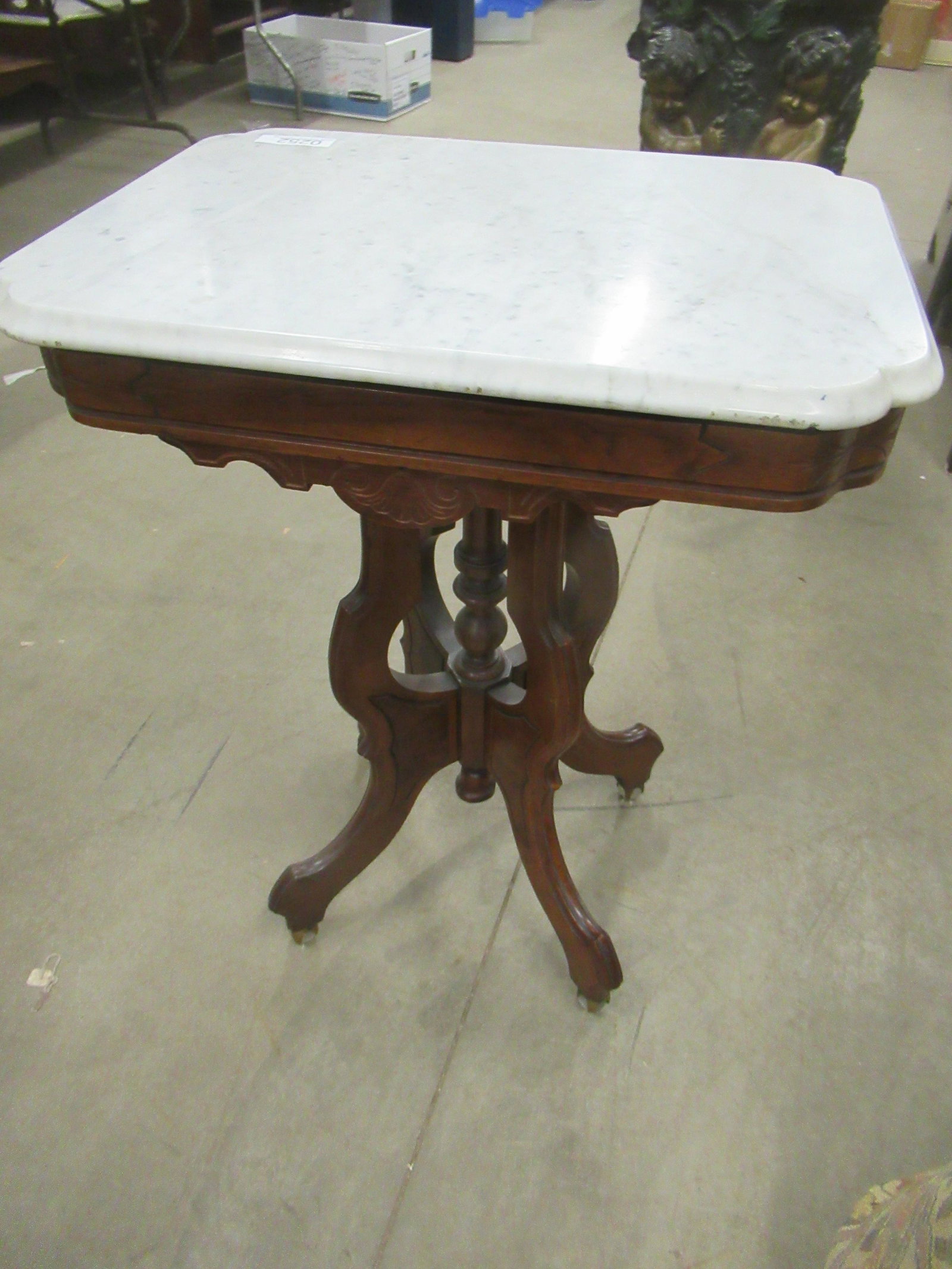 Victorian Marble Top Parlor Table, Beman + Pezold: Victorian marble top parlor table, Label Beman + Pezold, Silver Creek NY, Approx. 31" x 25" x 17"