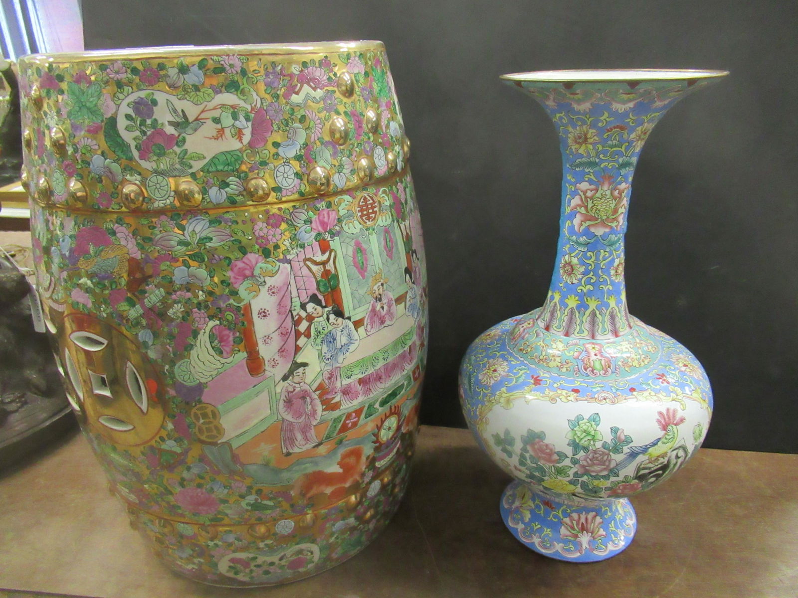 Asian Porcelain Drum Table + Enameled Vase: Asian porcelain drum table Approx. 19.5" h x 14" and Enameled vase