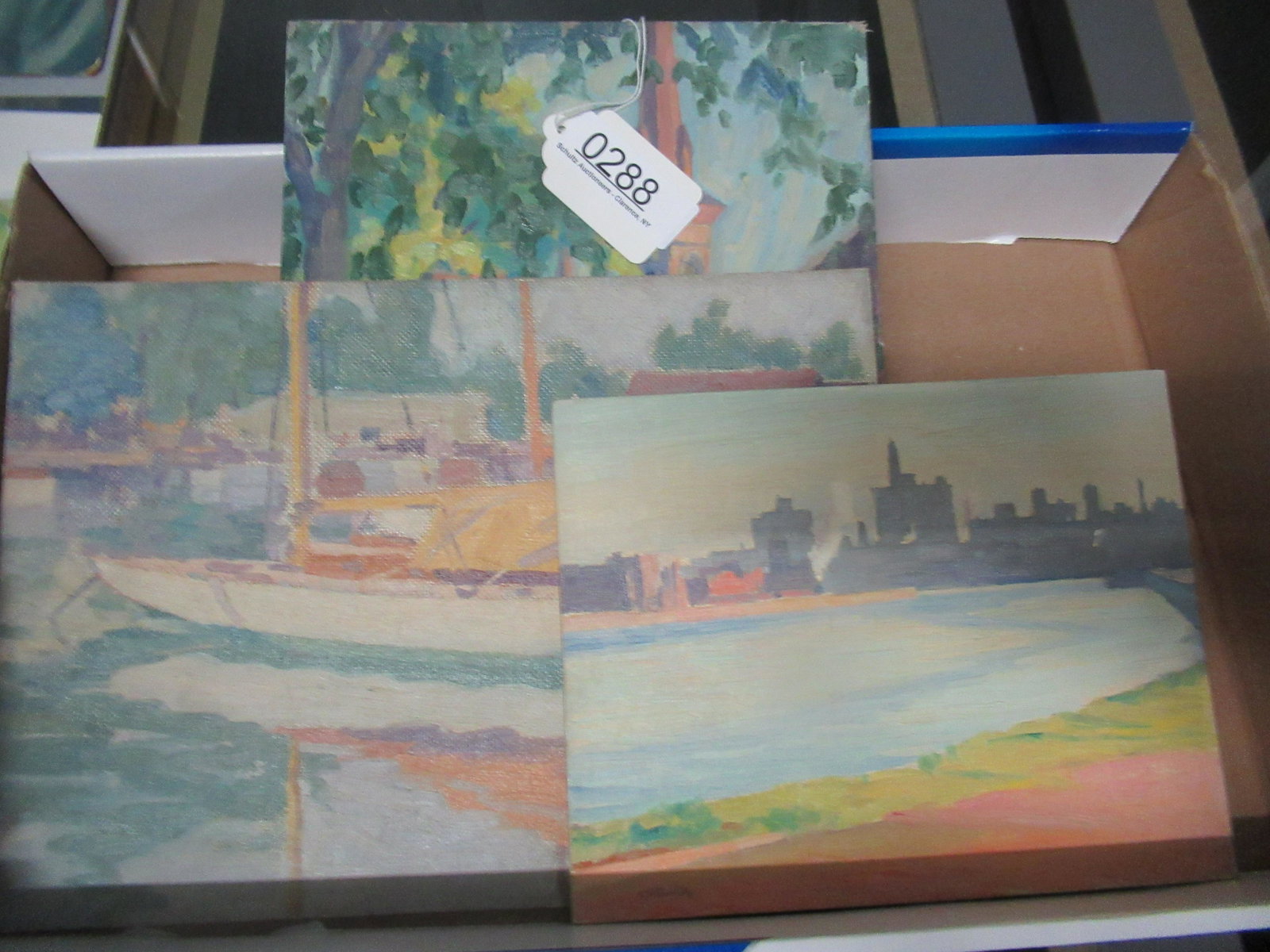 3 Oil on Board Paintings by Clifford Ulp: 3 Oil on Board Paintings by Clifford Ulp, Boats Approx. 10" x 14", Church, and City