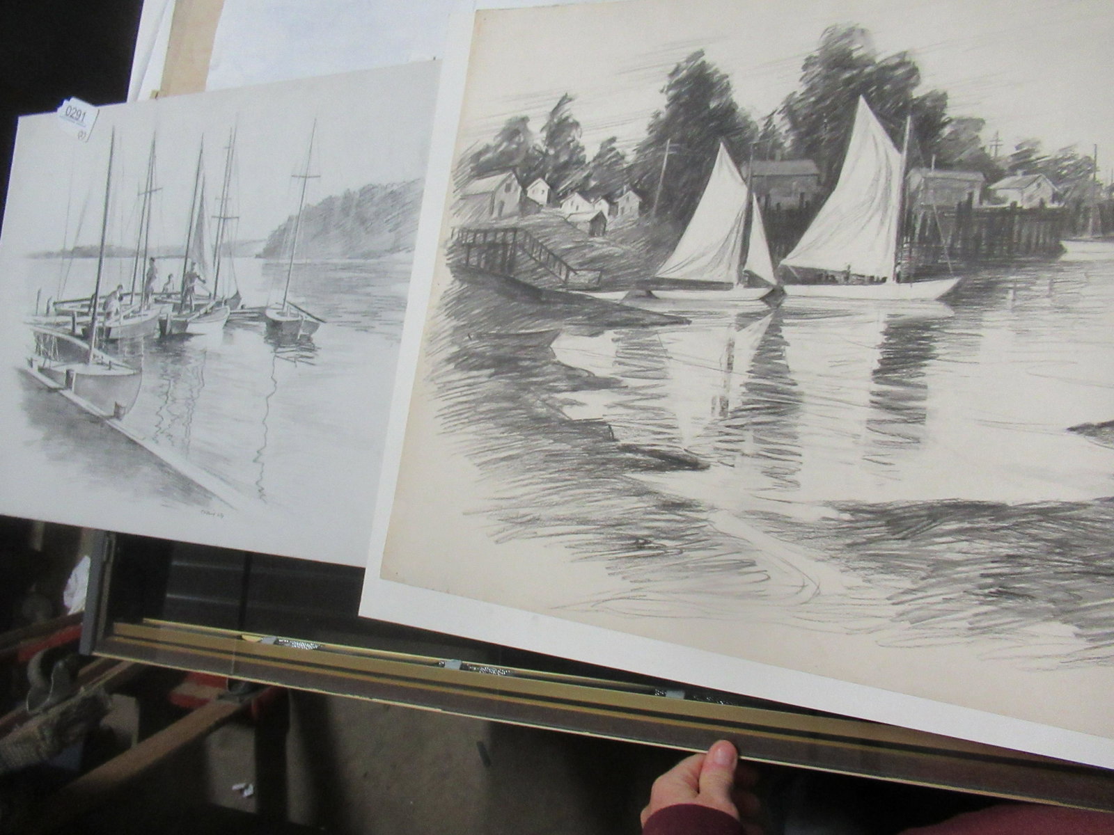 2 Charcoal Drawings of Ships, Signed Ulp: 2 Charcoal Drawings of ships, signed Clifford Ulp, Approx. 22" x 30"
