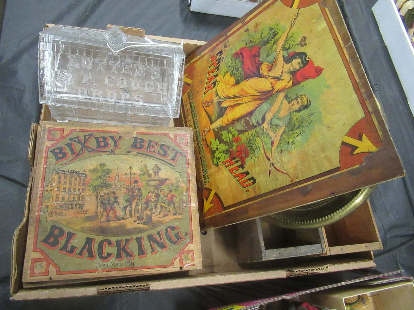 Lot Advertising Boxes, Small Painting, Etc.: Lot Advertising Boxes, Lutted's Cough Drops Glass Display, Small Painting