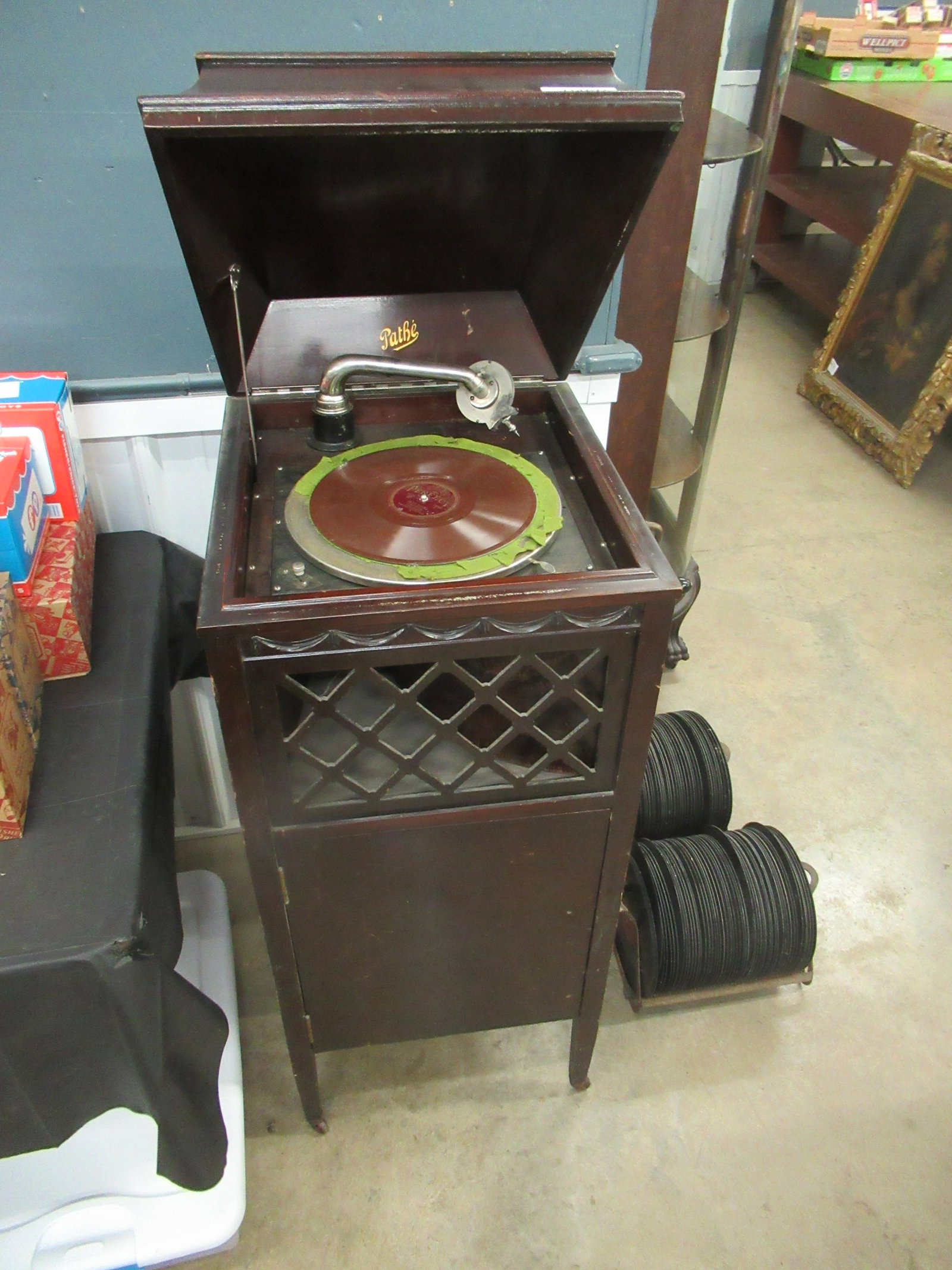 Mahogany Pathe Victrola with Records: Mahogany Pathe Victrola with Records