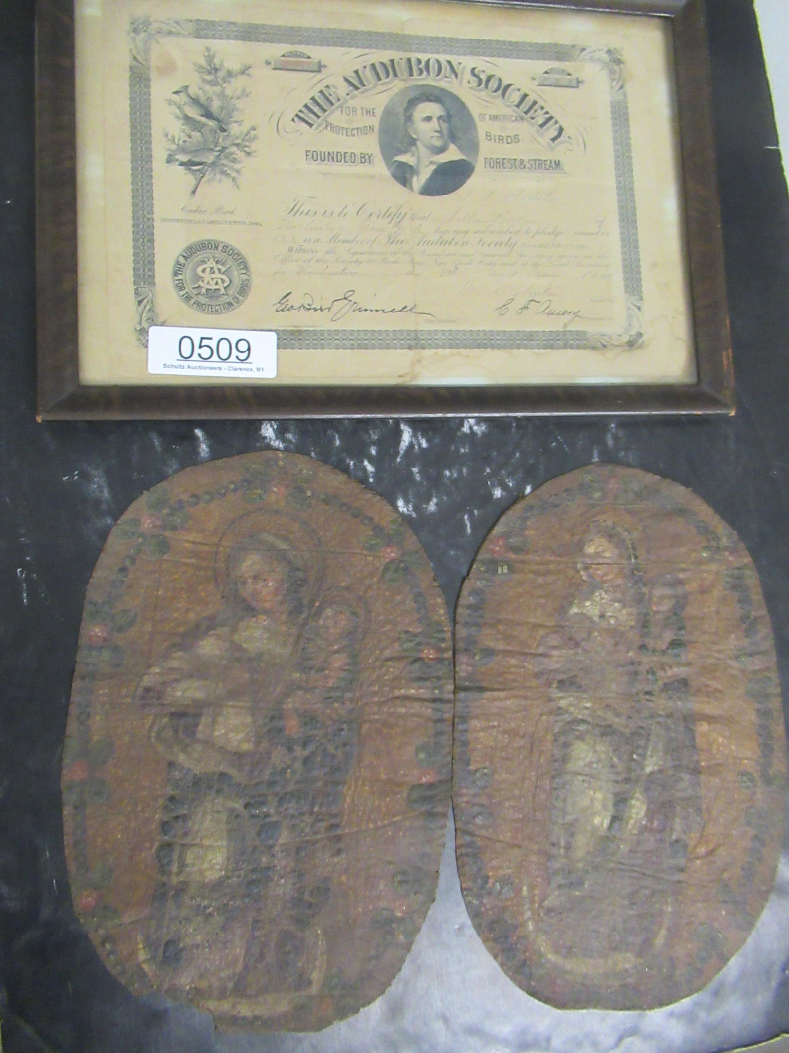 Mixed Lot, Old NYS Felt Pennants, Etc.: Mixed Lot, Old NYS Felt Pennants, Framed 1887 Audubon Society Certificate, 2 Embossed and Painted Leather Madonna and Child, Etc.